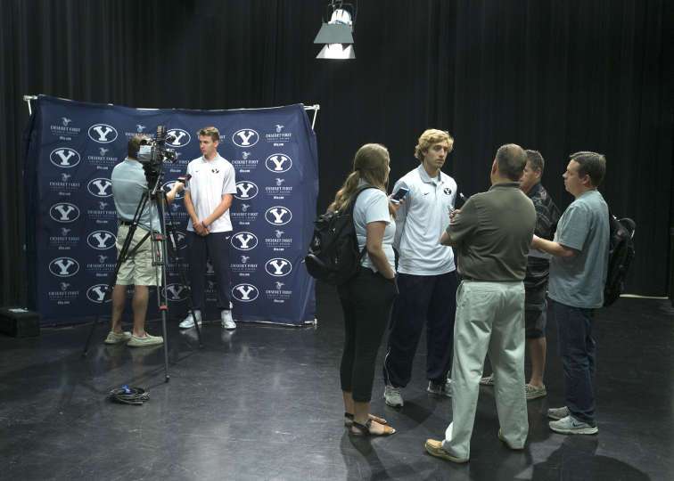 Chase Fischer and Zac Seljaas address the media during BYU basketball's media day Sept. 29, 2015 in the BYU Broadcasting Building. (Photo: Mark Philbrick/BYU Photo)