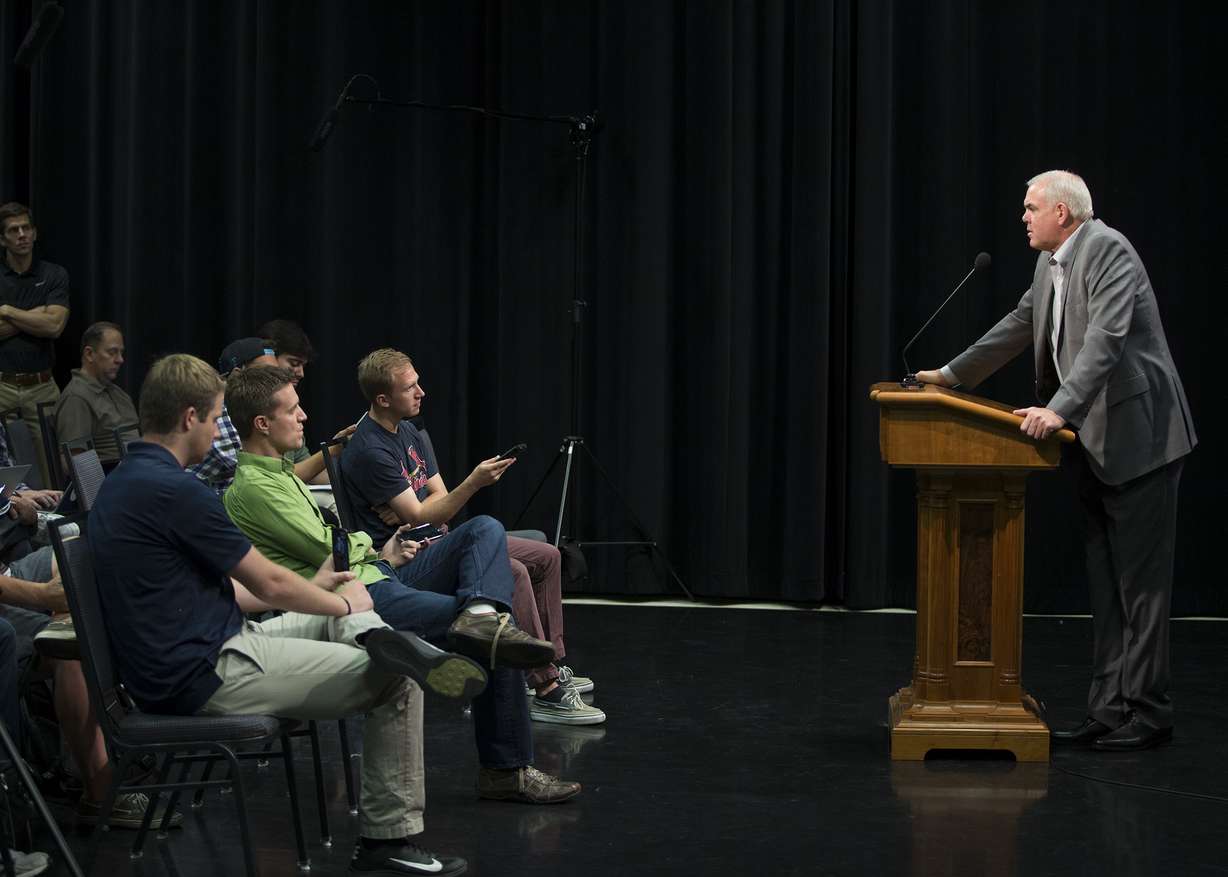 BYU coach Dave Rose addresses the media during BYU men's basketball media day Tuesday in the BYU Broadcasting Building. (Photo: Mark Philbrick/BYU Photo)
