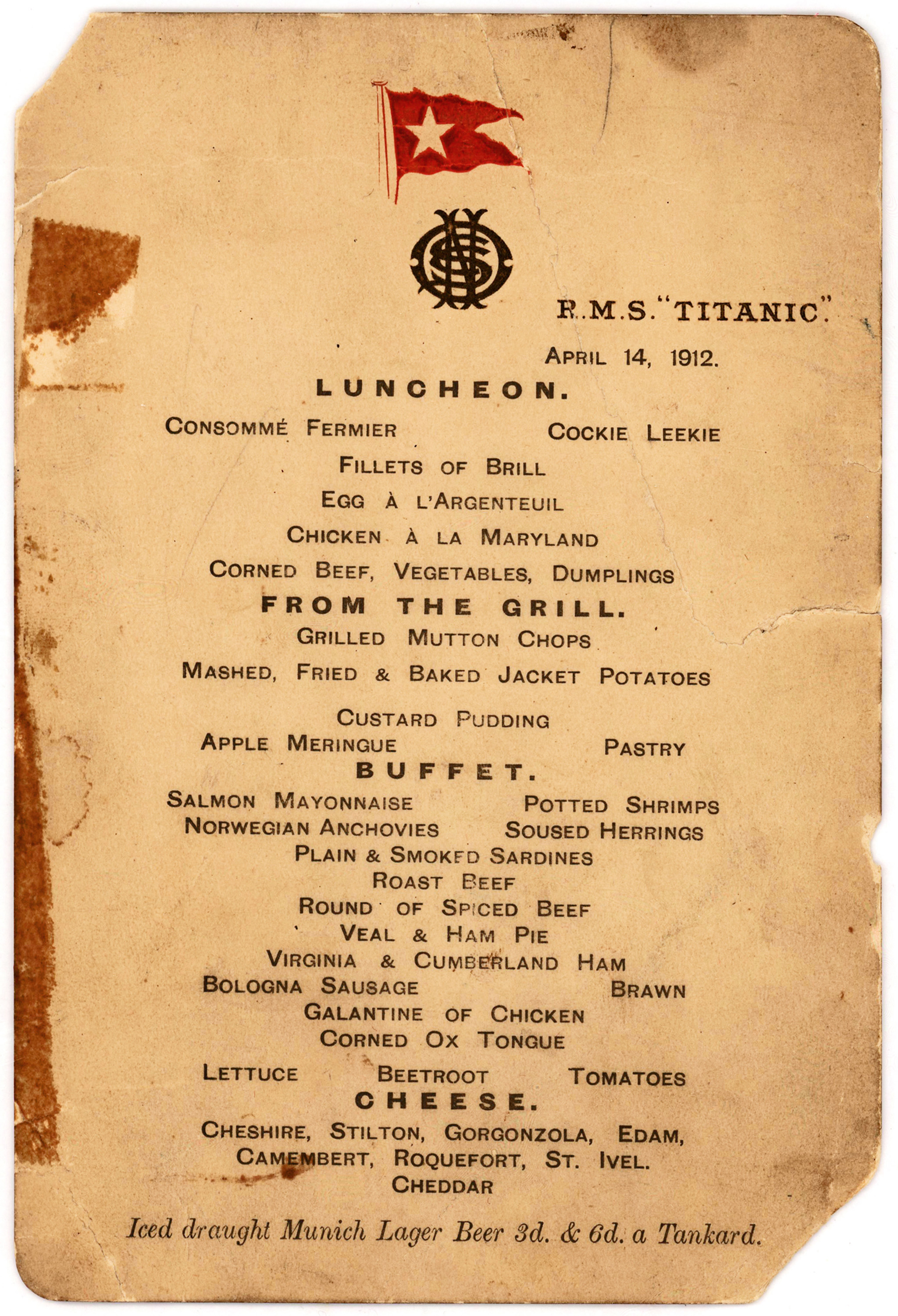 Titanic's last lunch menu, from Money Boat, goes for $88,000