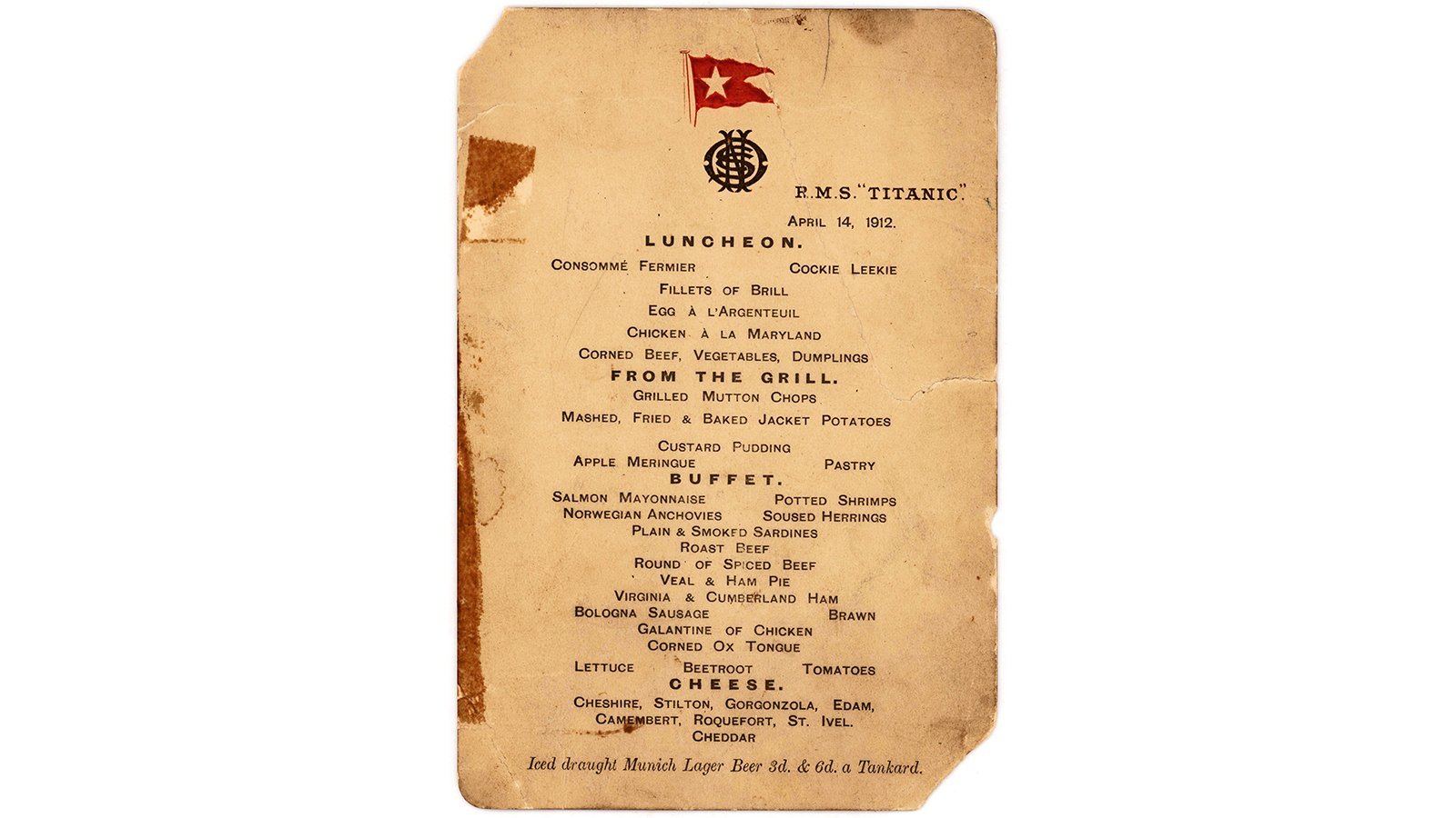 Menu from last lunch served aboard the Titanic sells for $88,000