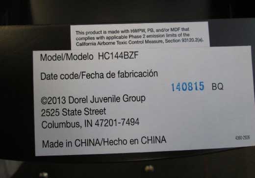 Model number label on Decor Wood highchair (CPSC.gov)