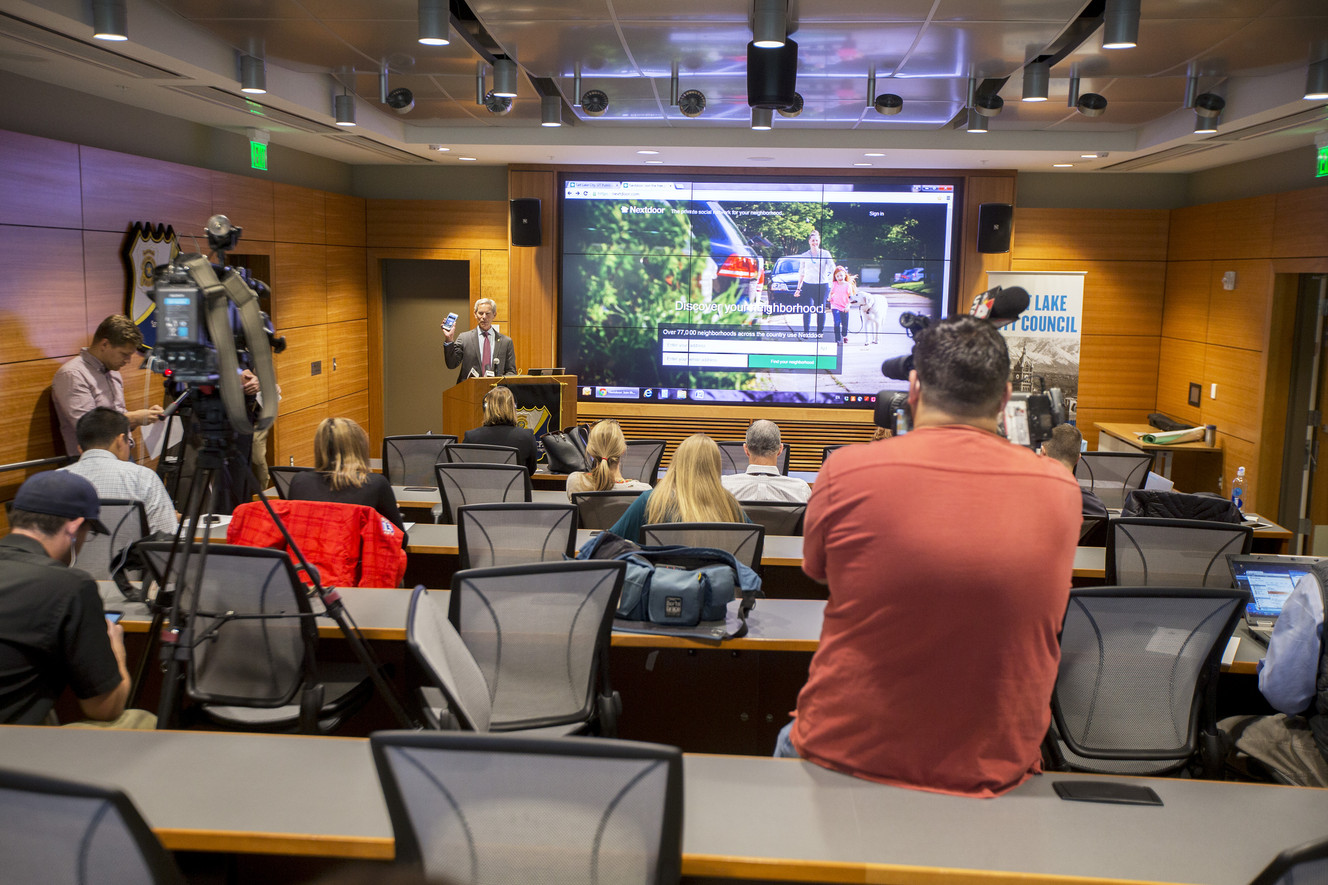 Salt Lake City Mayor Ralph Becker talks about a collaboration between Salt Lake City and Nextdoor, a private neighborhood-focused social network for residents, during a press conference Monday, Oct. 12, 2015, at the public safety building in Salt Lake City. (Photo: Scott G Winterton, Deseret News)