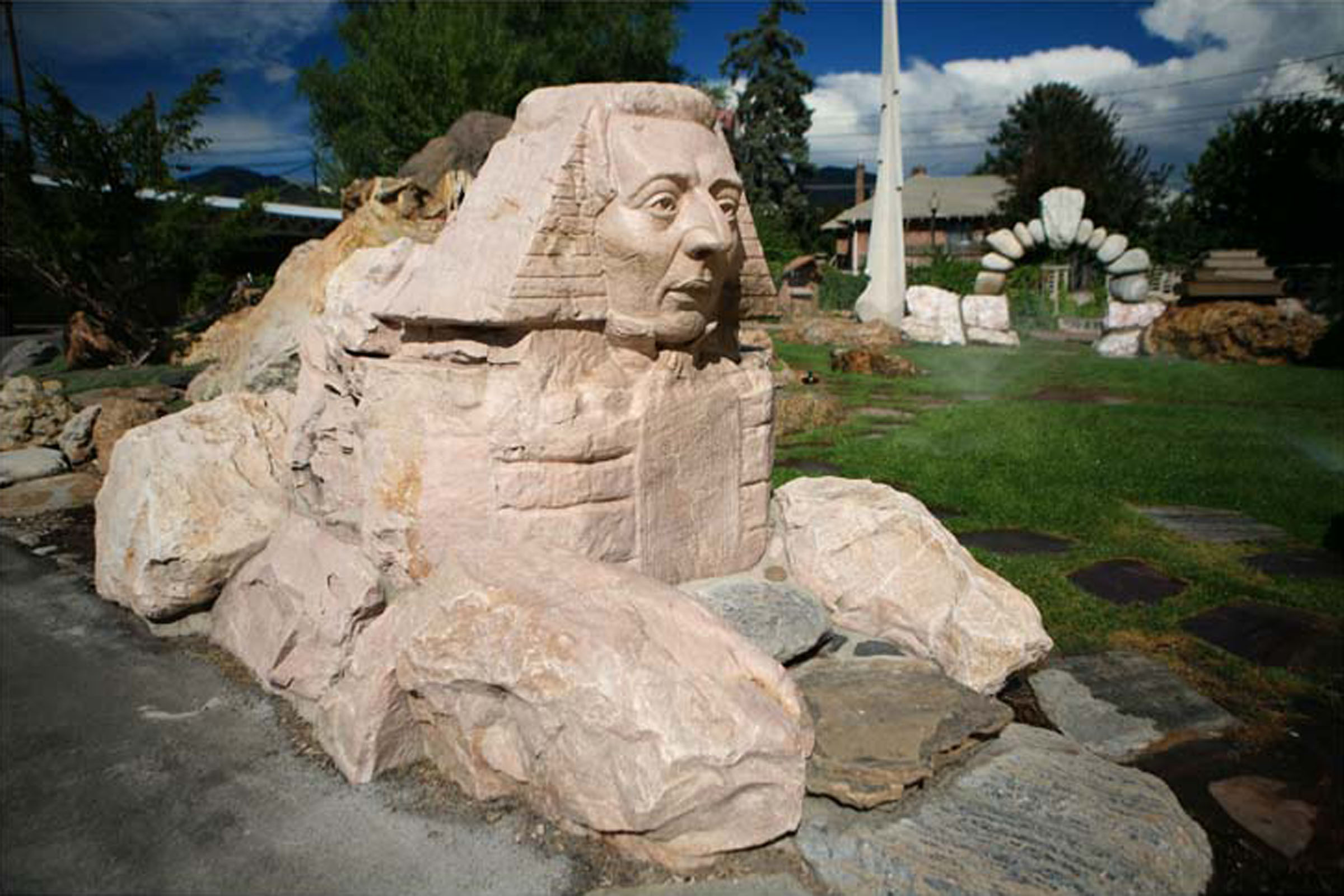 This stone sculpture of a sphinx with the Prophet Joseph Smith's face is a signature piece in the Gilgal Garden in Salt Lake City. (Photo: Friends of Gilgal Garden)