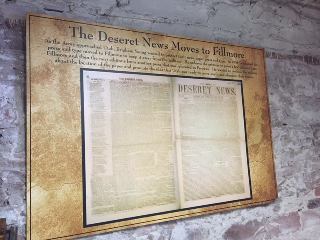 An old printing press and newspaper are also on display from when the Deseret News utilized the building for several months in the spring of 1858. Photo credit: Faith Heaton Jolley