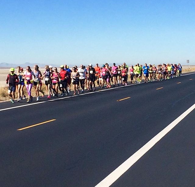 Runners all tied together on the course of the Layton Marathon for the world record attempt. (Photo: Joe Coles/www.onhillevents.com)