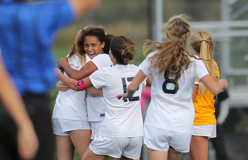 Skyline players celebrate their third goal on Wasatch Tuesday, Oct. 20, 2015, in 4A soccer Semifinal action at Juan Diego High School in Draper. (Photo: Scott G Winterton, Deseret News)