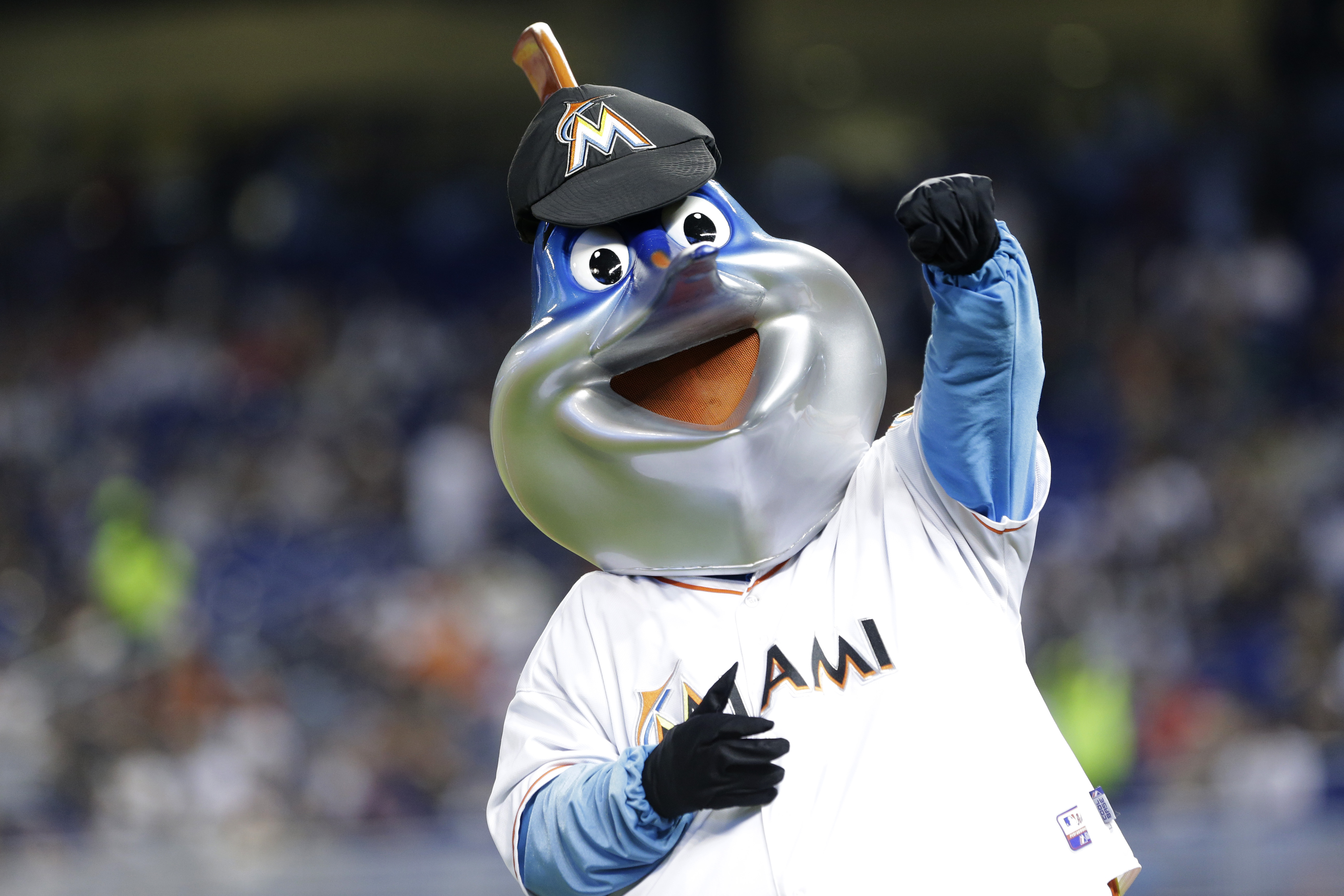 Miami Marlins mascot Billy the Marlin is shown before the start of a baseball game between the Miami Marlins and the New York Yankees, Tuesday, June 16, 2015, in Miami. (AP Photo/Wilfredo Lee)