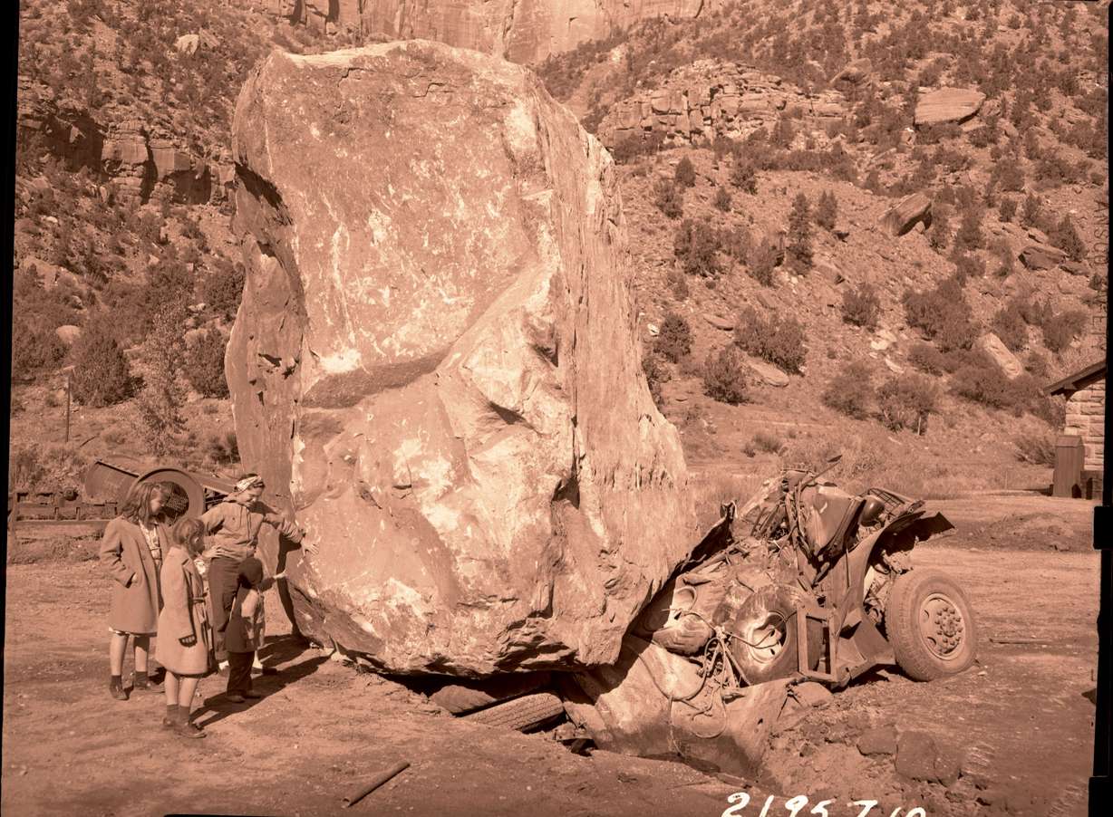 A rockfall damaged another work vehicle in a maintenance area in Zion National Park on Nov. 23, 1947. (Photo: National Park Service )