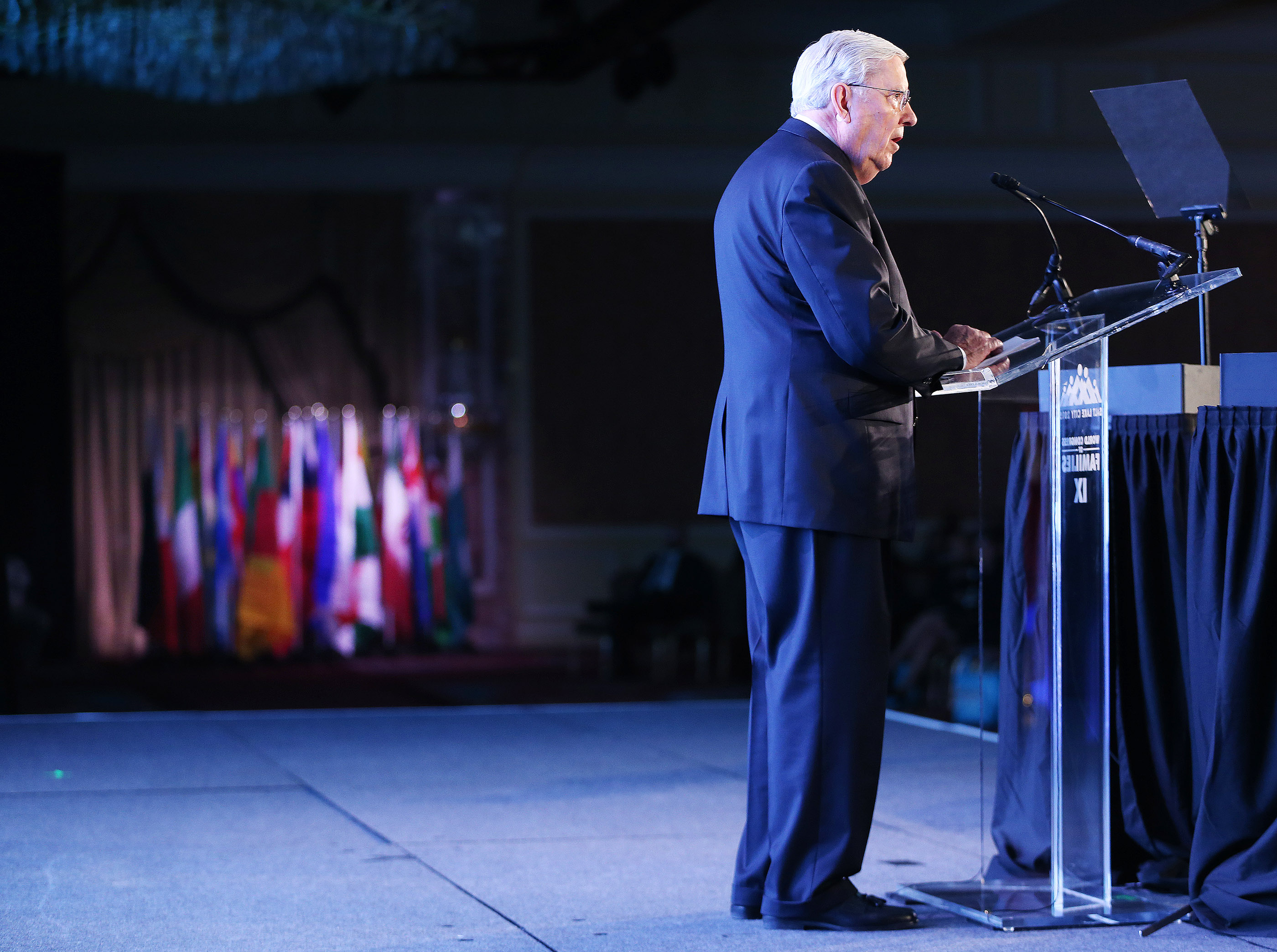 Elder M. Russell Ballard of the Quorum of the Twelve Apostles of The Church of Jesus Christ of Latter-day Saints gives the keynote address during the opening session of the World Congress of Families IX at the Grand America in Salt Lake City Tuesday, Oct. 27, 2015. (Photo: Jeffrey D. Allred/Deseret News)