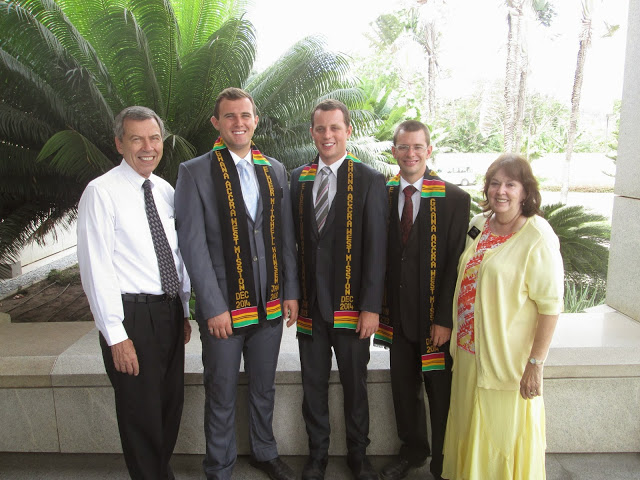 President Norman Hill, far left, and his wife, Raelene Hill, prepare to say goodbye to three missionaries in December 2014. (Photo: Courtesy Hill family)