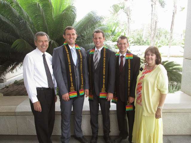 President Norman Hill, far left, and his wife, Raelene Hill, prepare to say goodbye to three missionaries in December 2014. (Photo: Courtesy Hill family)