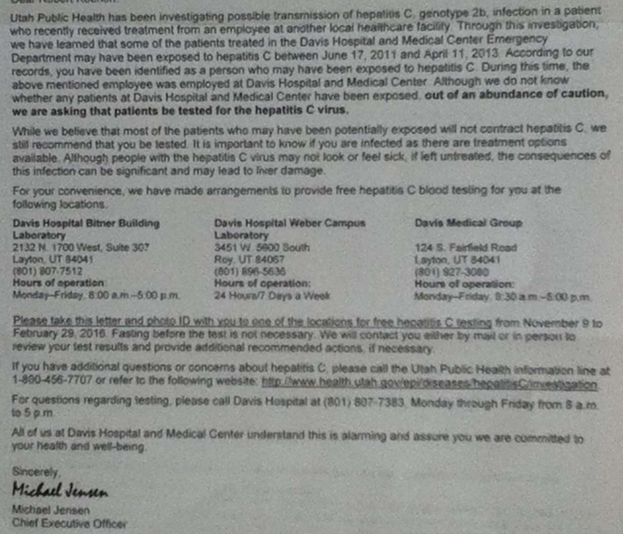 A letter sent to a hospital patient explaining the hepatitis C incident.