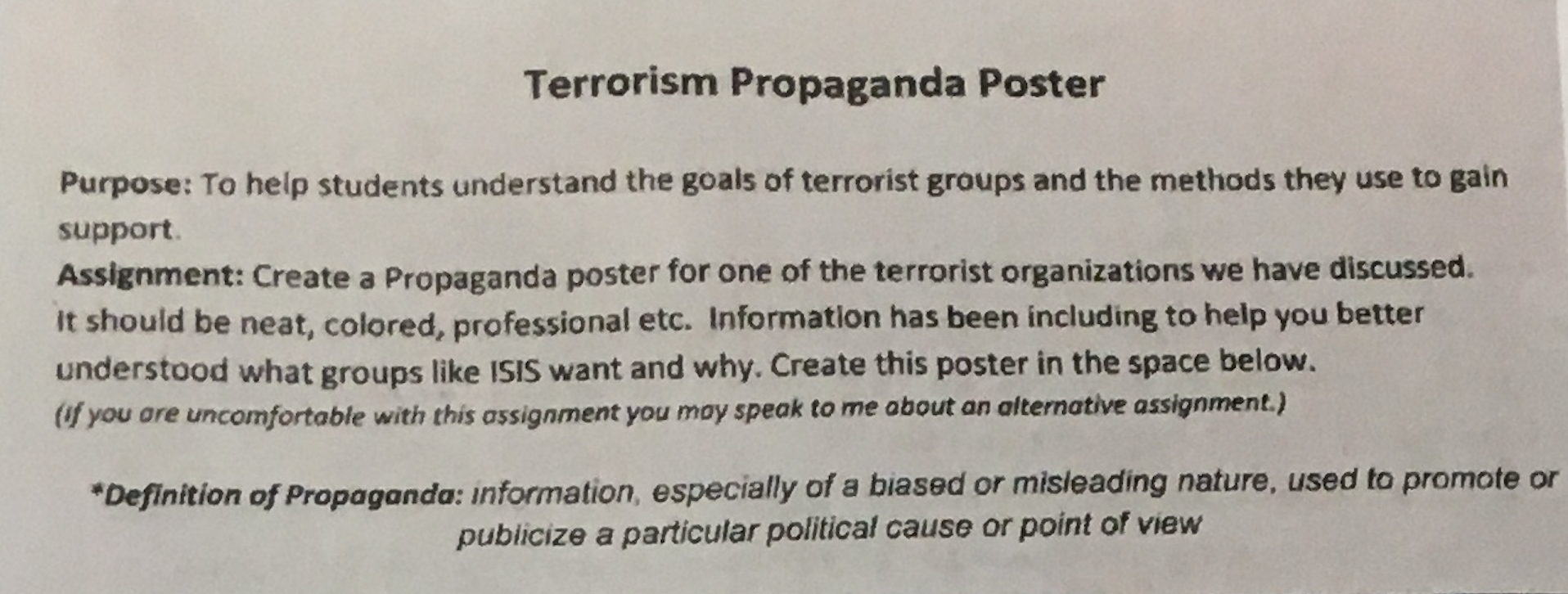 Teacher apologizes after assigning terrorism propaganda poster