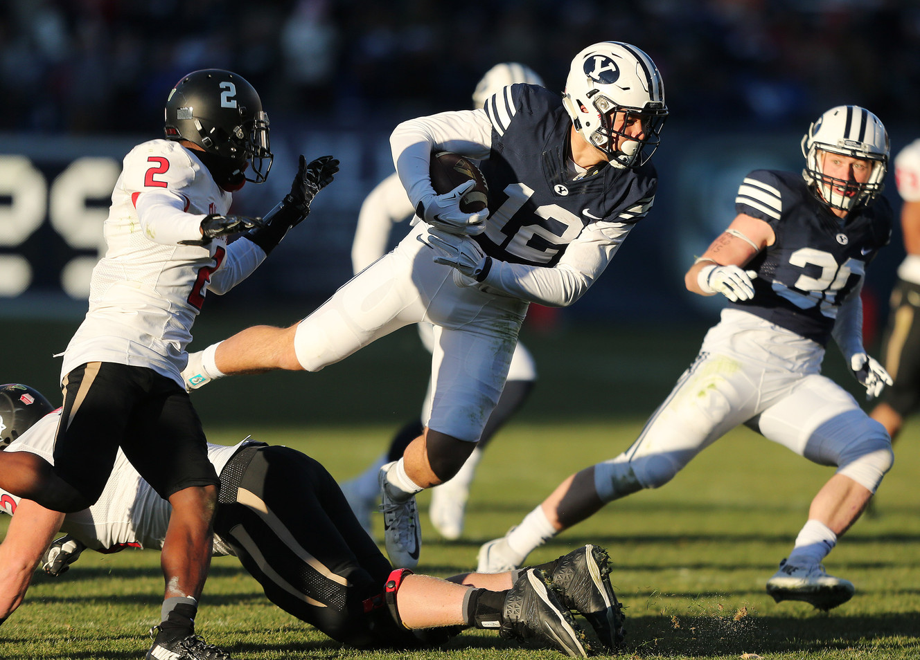 BYU defensive back Kai Nacua (12) runs back an interception against Fresno in Provo, Nov. 21, 2015. BYU won 52-10. (Photo: Jeffrey D. Allred, Deseret News)