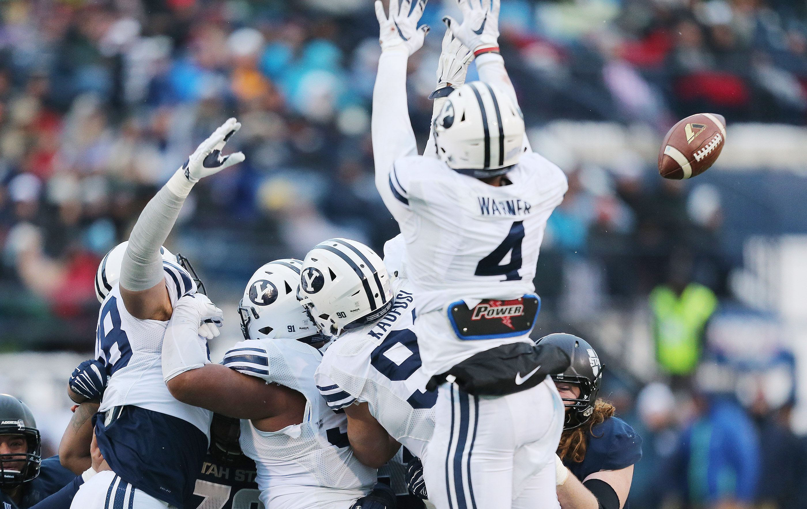 Brigham Young Cougars linebacker Fred Warner (4) blocks a Utah State Aggies field goal in Logan Saturday, Nov. 28, 2015. BYU won 51-28. (Photo: Jeffrey D. Allred, Deseret News)