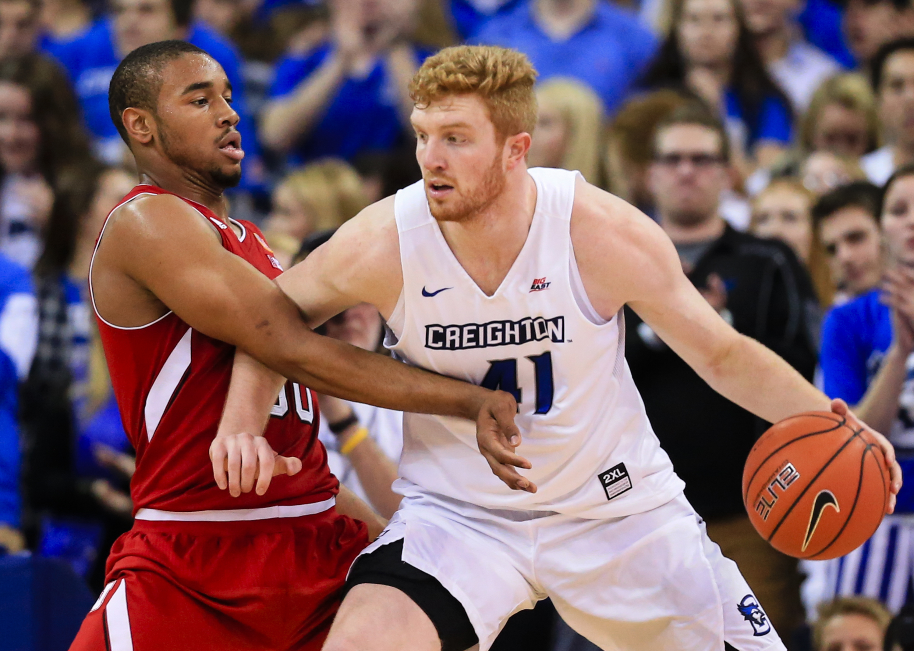 Creighton center Geoffrey Groselle (41) is defended by Nebraska forward Ed Morrow (30) during the first half of an NCAA college basketball game in Omaha, Neb., Wednesday, Dec. 9, 2015. (Photo: Nati Harnik, AP Photo)