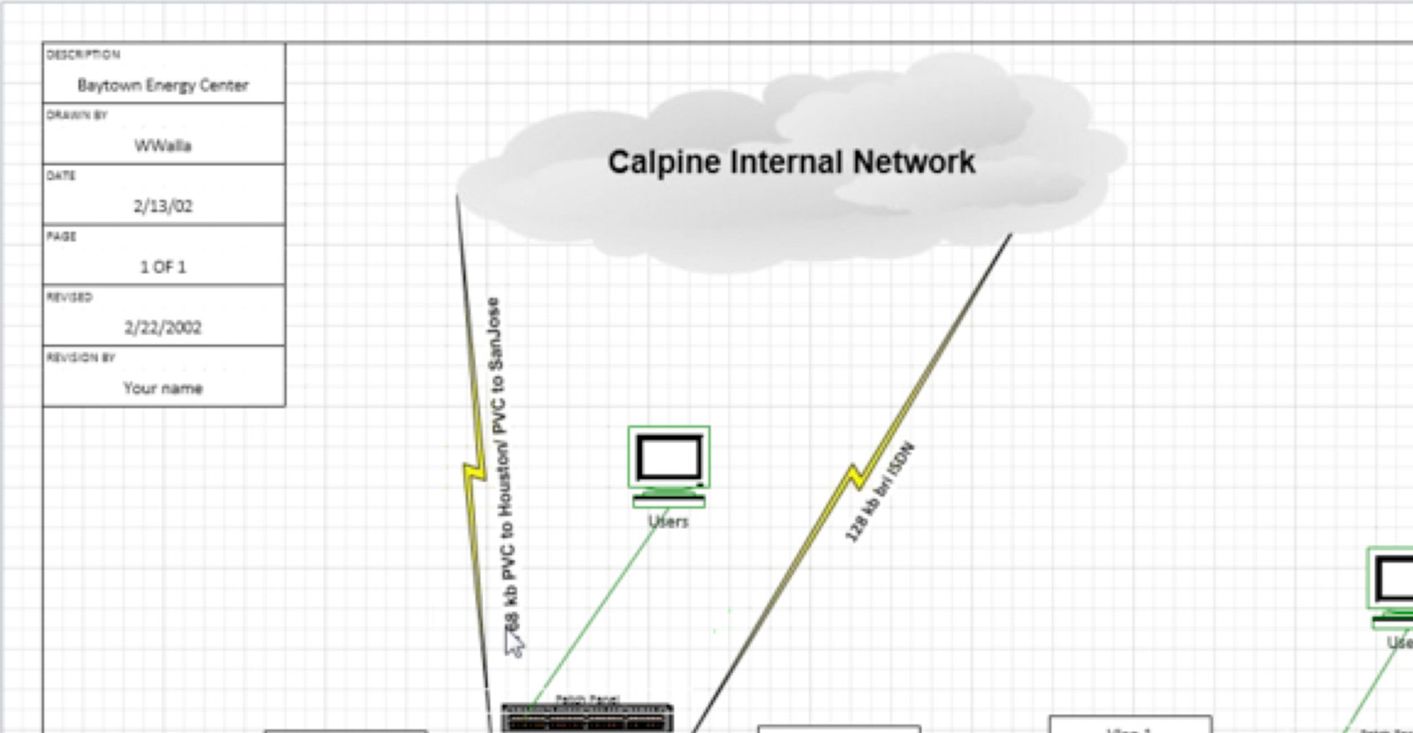 This image obtained by The Associated Press in September 2015 shows a portion of a computer networking diagram for Calpine Corp.'s Baytown Energy Center in Baytown, Texas, dated February 2002. Calpine spokesman Brett Kerr said the company's information was stolen from a contractor that does business with Calpine. He said the stolen diagrams and passwords were old and presented no threat, though some outside experts disagreed and said skilled hackers potentially could have used the diagrams and other data to shut down generating stations. (AP Photo)