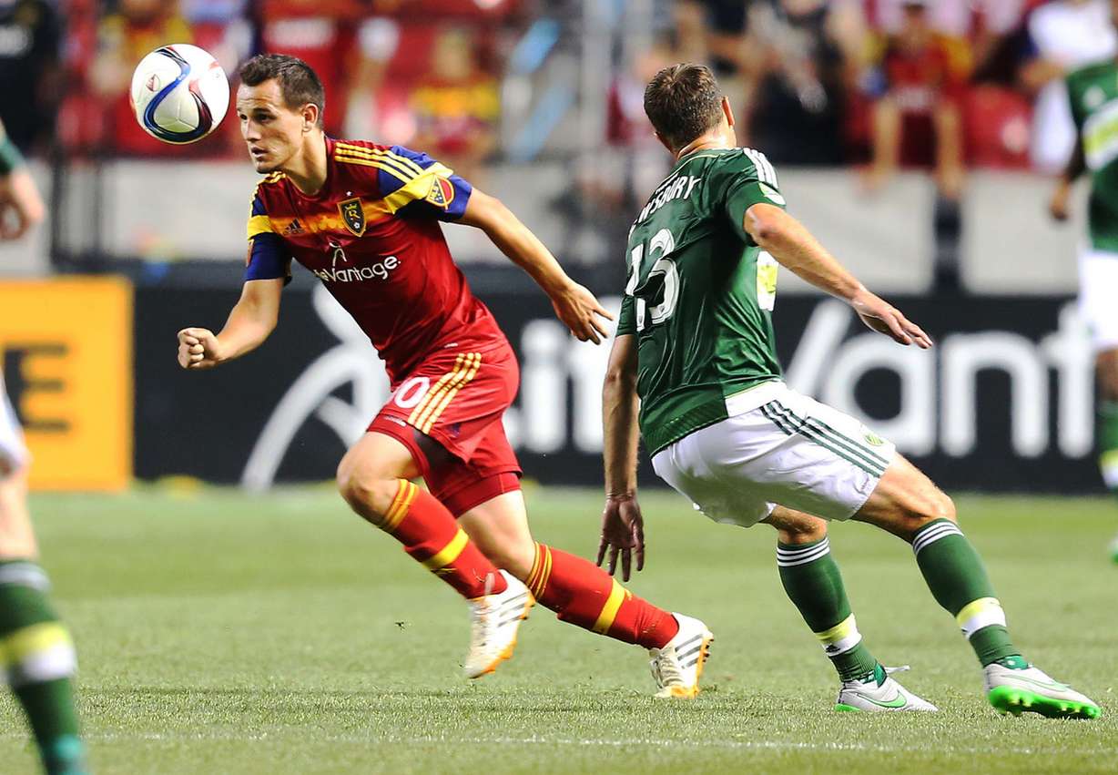 Real's Luis Gil pushes the ball past Jack Jewsbury as Real Salt Lake and the Portland Timbers play, July 1, 2015, at Rio Tinto Stadium in Sandy. RSL won 2-0. (Photo: Scott G Winterton, Deseret News)