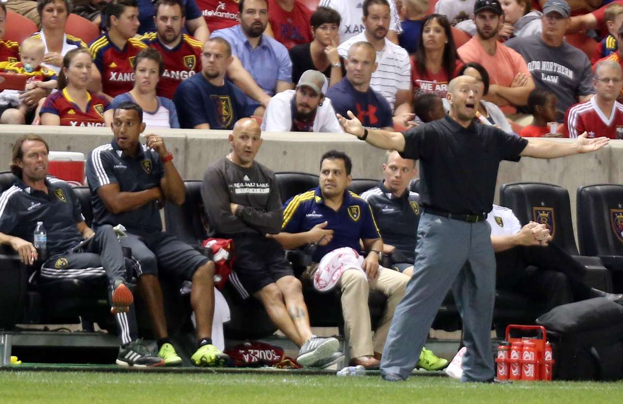 Assistant coach Daryl Shore coaches as head coach Jeff Cassar watches from a suite above due to getting a red card in the previous game, at the Rio Tinto Stadium in Sandy on Saturday, July 18, 2015. RSL dismissed Cassar as head coach, Monday, March 20, 2017. (Photo: Kristin Murphy, Deseret News)