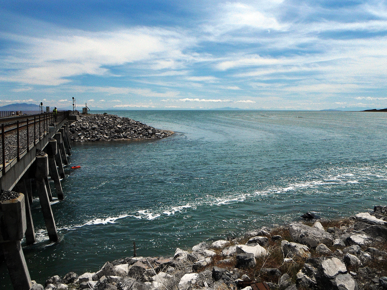 Water flows through the Great Salt Lake breach at Lakeside, Utah, on May 25, 2011, when lake levels were high due to above average snowfall in the Wasatch and Uinta mountains. The Great Salt Lake breach is an area that allows water to travel between the southern and northern parts of the lake. (Photo: Mike Freeman)