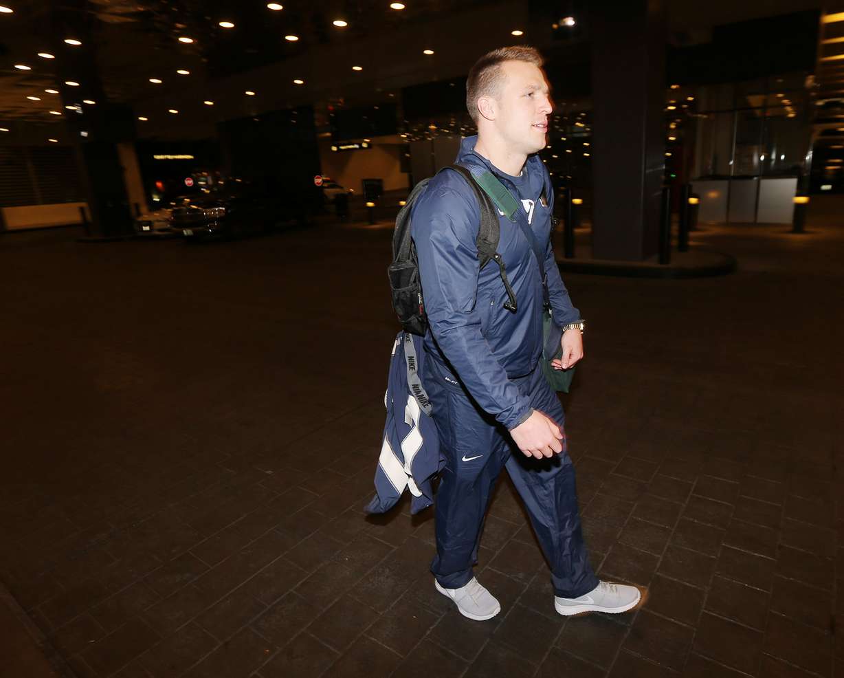 BYU's Taysom Hill and other teamates and coaches arrive at the Hard Rock Hotel and Casino in Las Vegas Nevada, as they prepare to play Utah in the Royal Purple Las Vegas Bowl, Dec. 15, 2015. (Photo: Scott G Winterton, Deseret News)