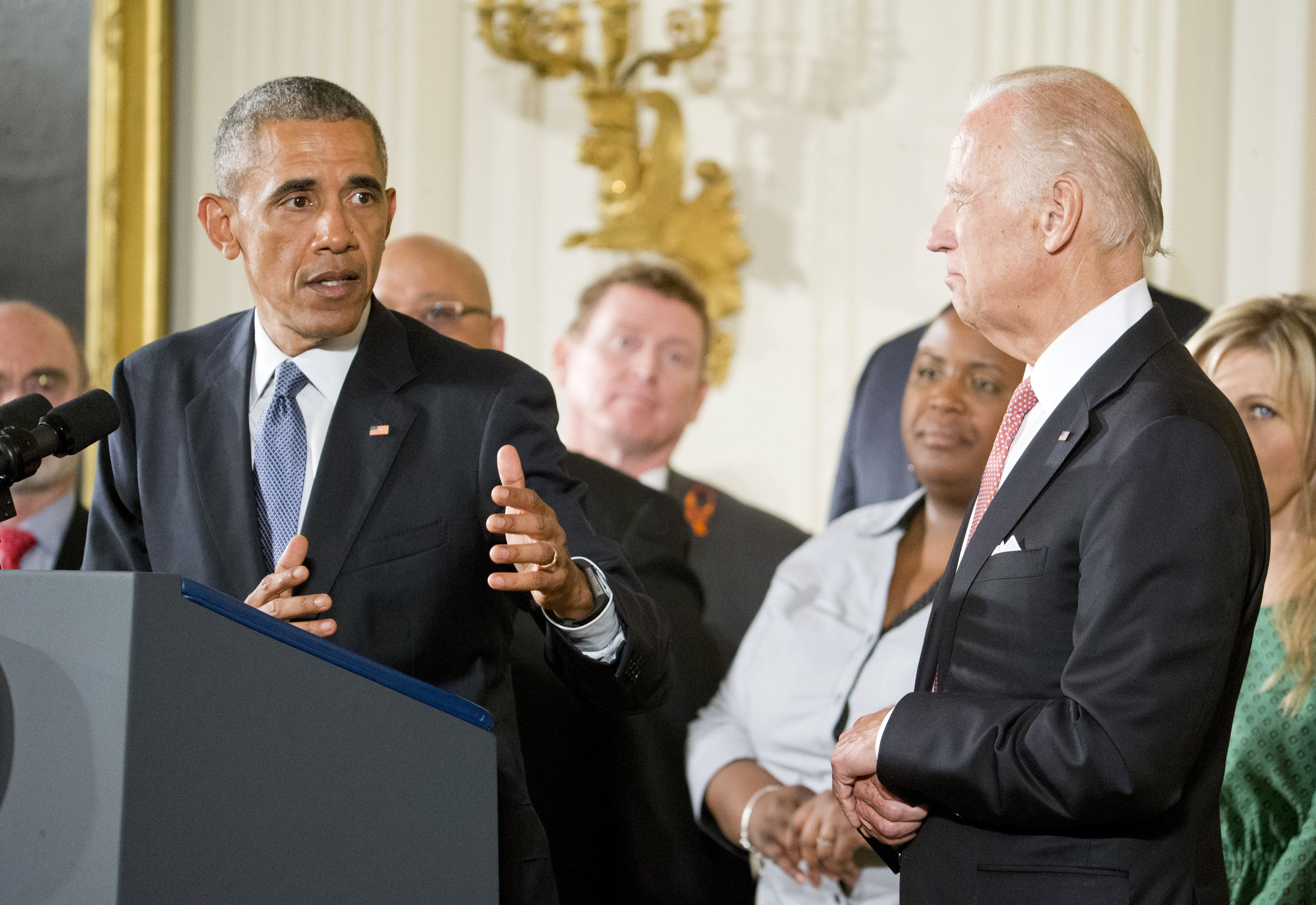 President Barack Obama, joined by Vice President Joe Biden and gun violence victims, speaks in the East Room of the White House in Washington, Tuesday, Jan. 5, 2016, about steps his administration is taking to reduce gun violence. Photo: AP Photo