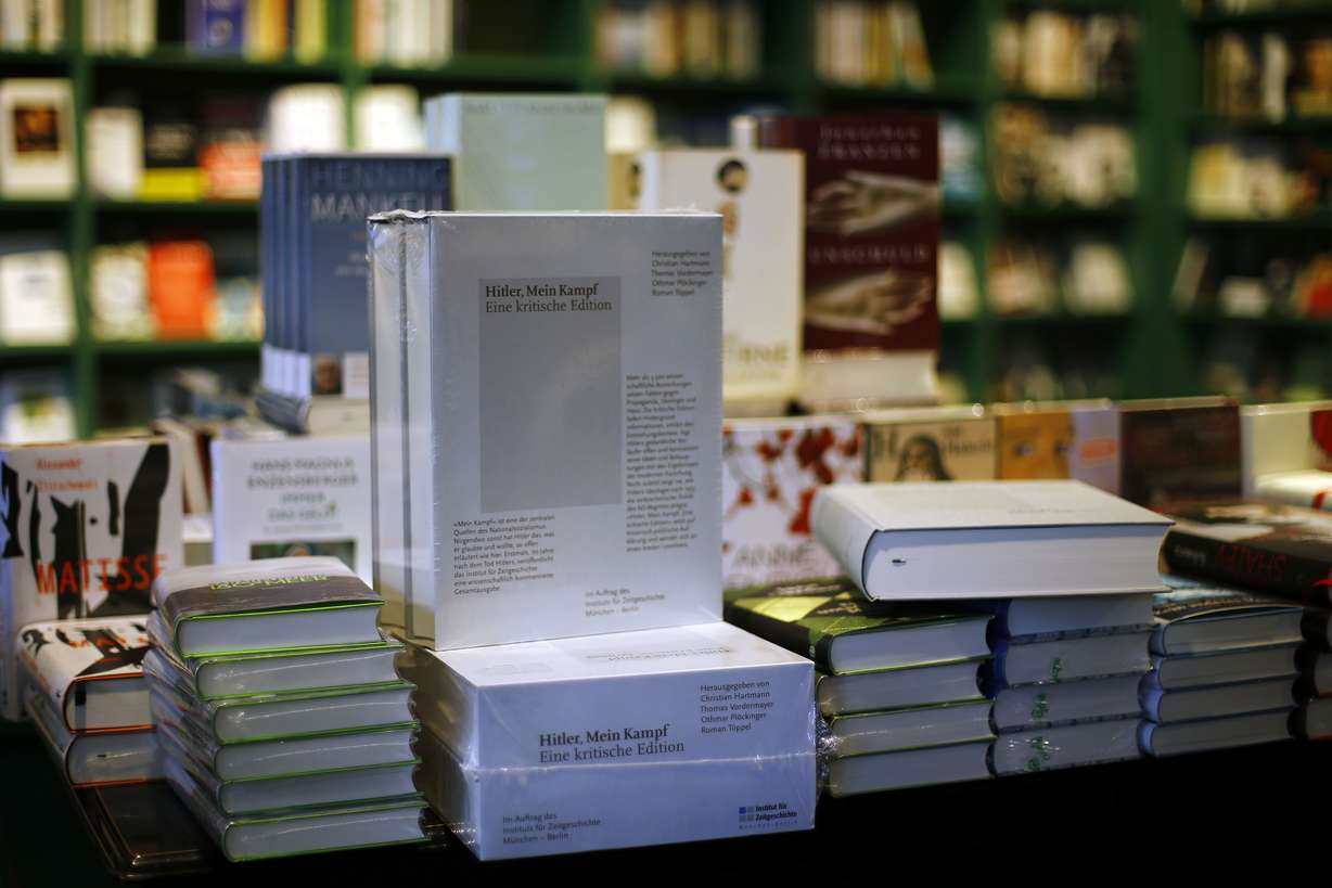 A copy of "Hitler, Mein Kampf – A critical edition" stands on a display table in a book shop in Munich, Germany, Friday, Jan. 8, 2016. The annotated edition of "Mein Kampf" is the first version of Adolf Hitler's notorious manifesto to be published in Germany since the end of World War II. (AP Photo/Matthias Schrader)