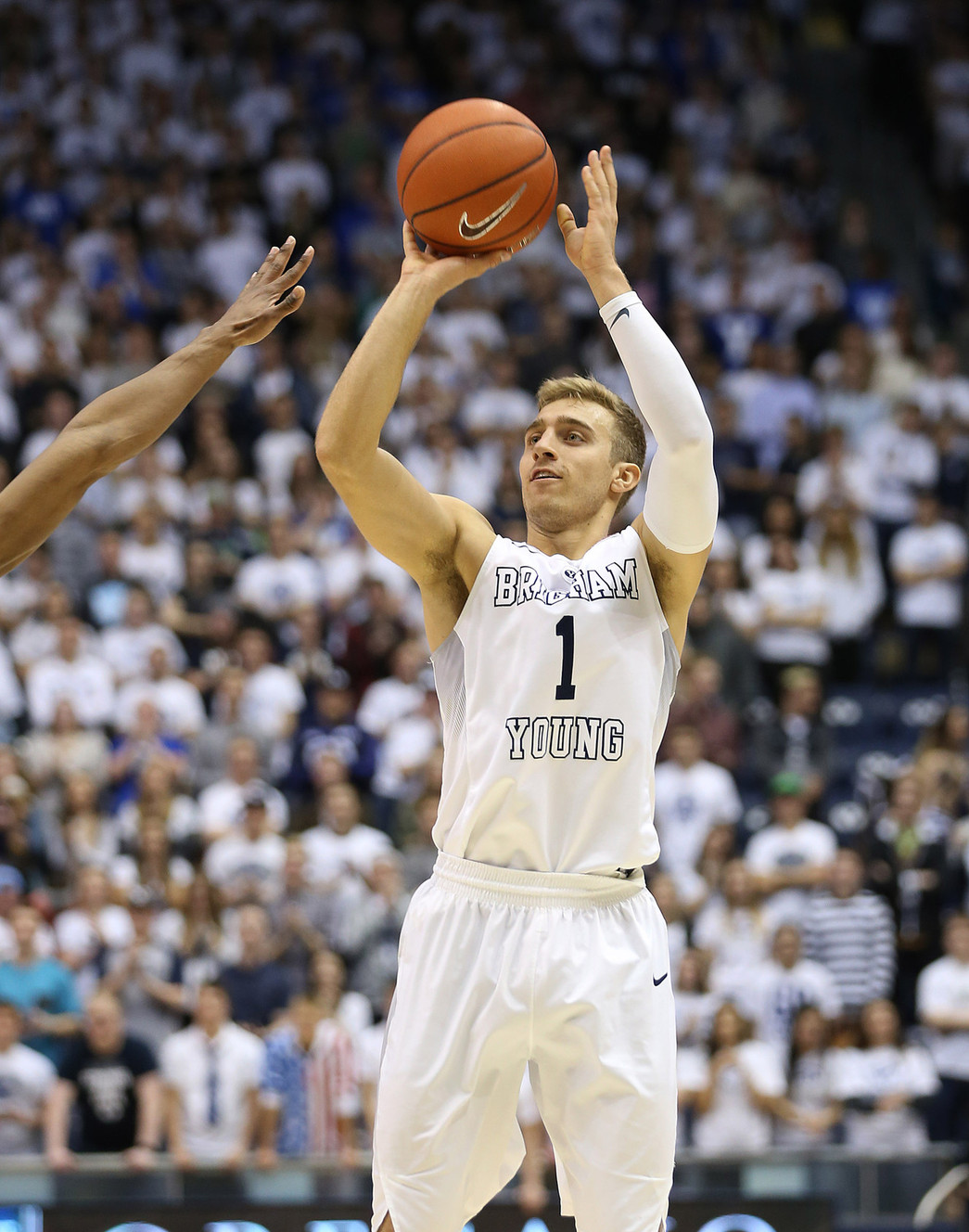BYU guard Chase Fischer (1) drops in a shot as BYU and San Francisco play at the Marriott Center in Provo, Jan. 9, 2016. (Photo: Scott G Winterton, Deseret News)
