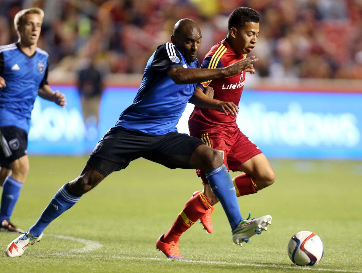 The San Jose Earthquakes' Marvell Wynne and Real Salt Lake's Sebastian Saucedo play in a soccer game at Rio Tinto Stadium in Sandy on, May 1, 2015. (Photo: Kristin Murphy, Deseret News)
