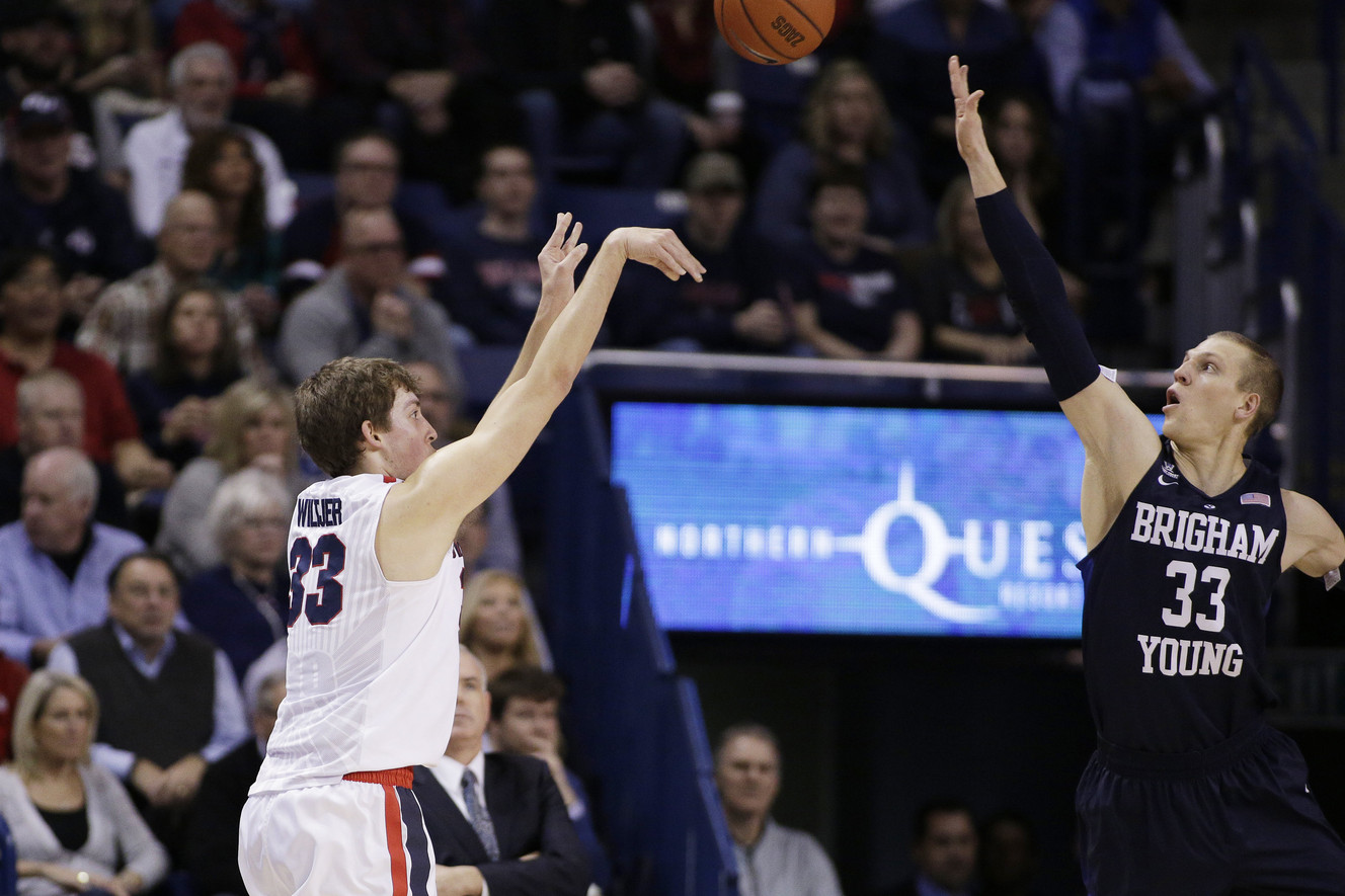 Gonzaga's Kyle Wiltjer, left, shoots against BYU's Nate Austin during the first half of an NCAA college basketball game, Thursday, Jan. 14, 2016, in Spokane, Wash. (AP Photo/Young Kwak) (Photo: Young Kwak, AP Photo)