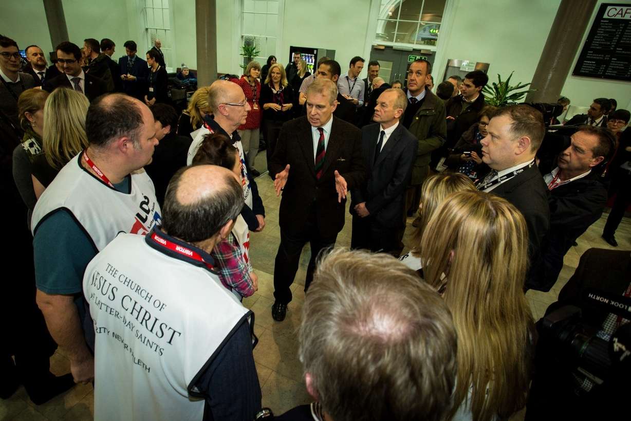 HRH Prince Andrew chats with Mormon Helping Hands volunteers in York. (Photo: © 2016 Intellectual Reserve, Inc. All rights reserved)