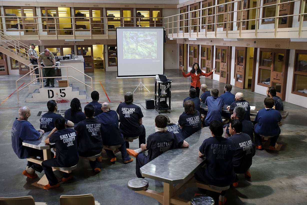 Nalini Nadkarni, professor of biology and director of science and math education at the University of Utah, lectures on trees at the Salt Lake County Jail in Salt Lake City on Monday, March 24, 2014. (Photo: Ravell Call, Deseret News)