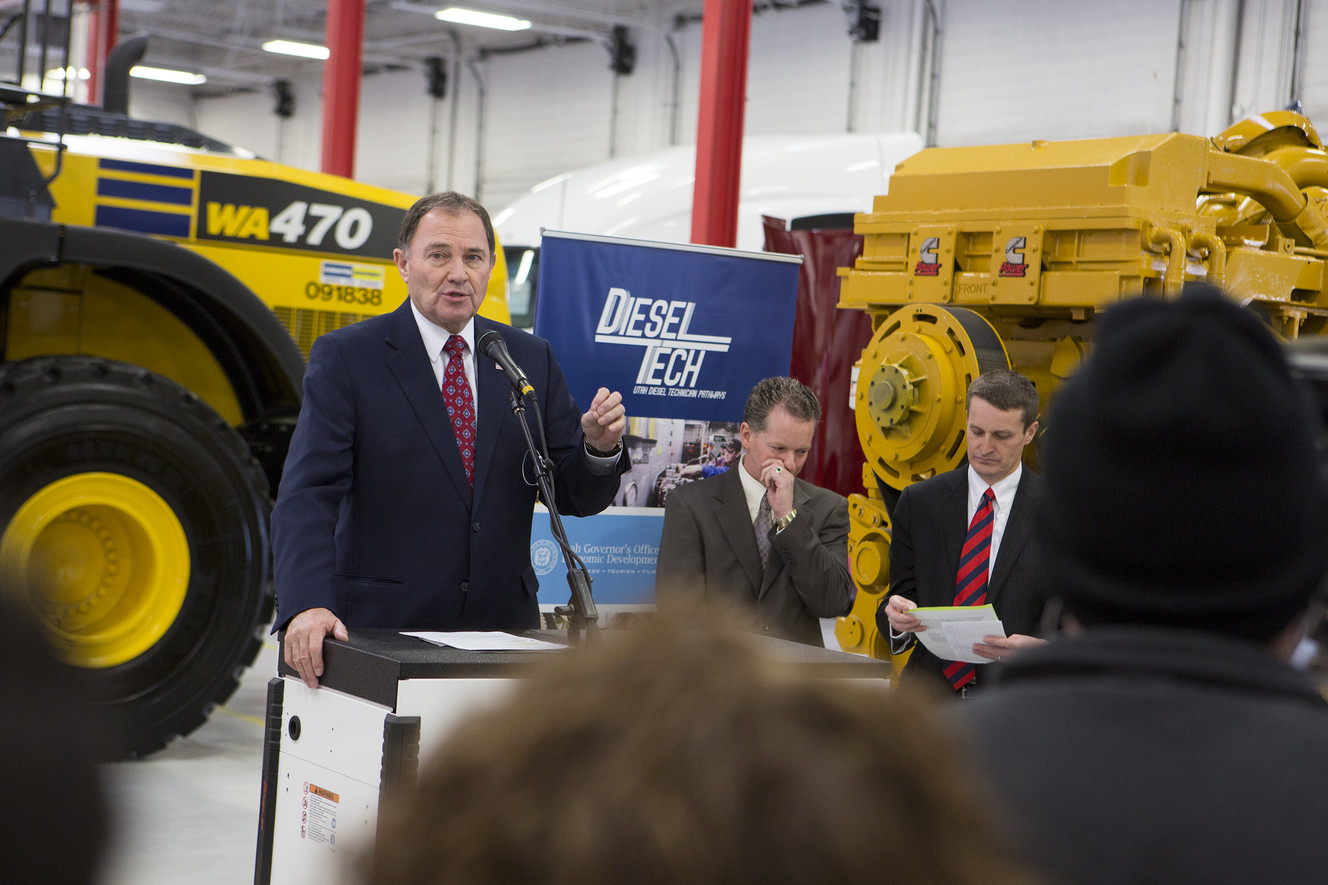 Gov. Gary Herbert announces a new Utah Diesel Technician Pathways program for prospective students to enter the diesel technician field at the Cummins Rocky Mountain Facility in West Valley City on Tuesday, Feb. 2, 2016. The program will grant students an internship at one of the industry partners upon graduation. (Photo: Luke Franke, Deseret News)