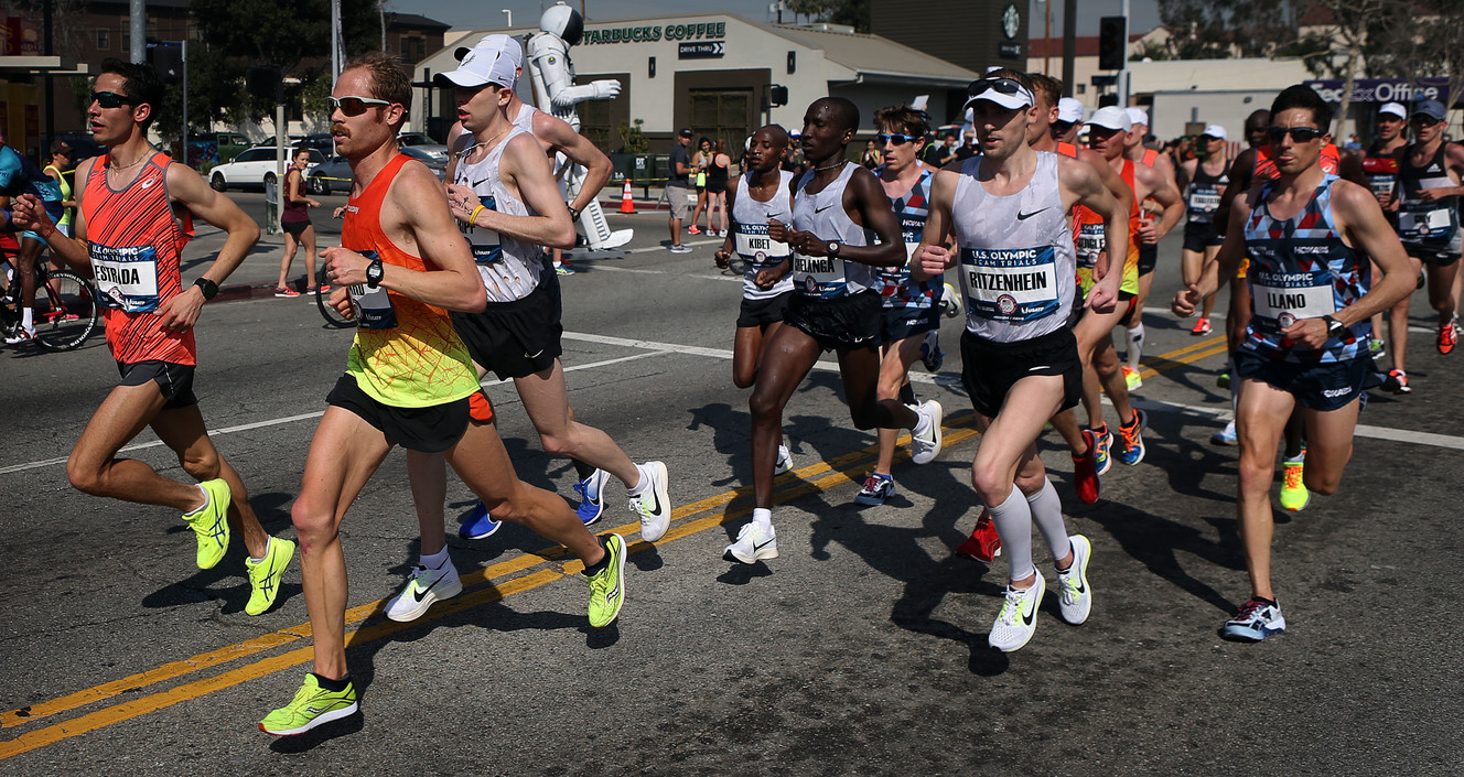 Jared Ward, second from left, of Provo runs ahead of the pack during the U.S. Olympic Marathon Trials in Los Angeles Ca., Saturday, February 13, 2016. Ward took third overall, earning him a spot on the U.S. Olympic team. (Photo: Brian Nicholson)