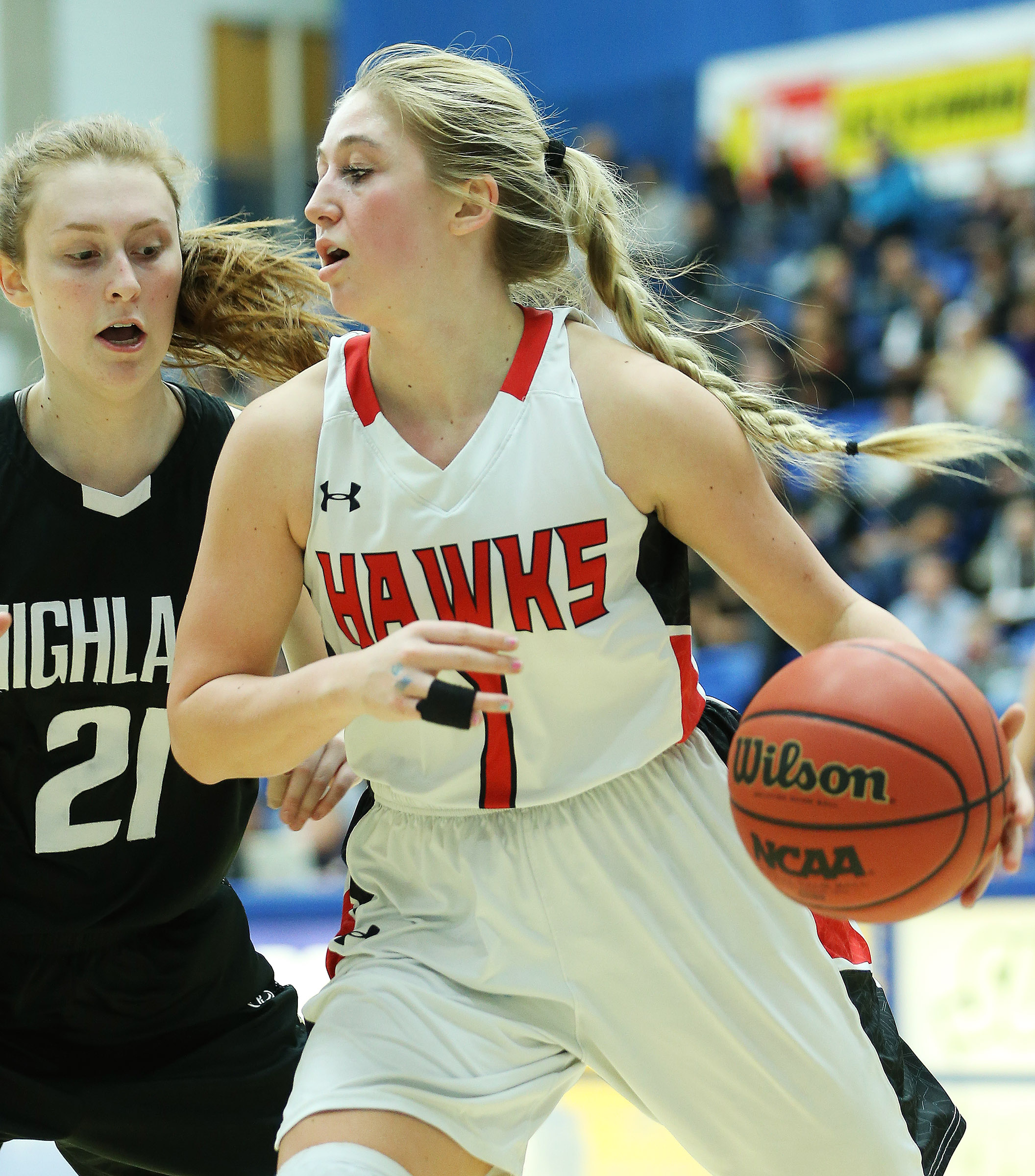 Alta's Mariah Martin works around Highland's Alex Debow as they play in 4A quarterfinal basketball action at Salt Lake Community College in Taylorsville Wednesday, Feb. 24, 2016. (Photo: Scott G Winterton, Deseret News)