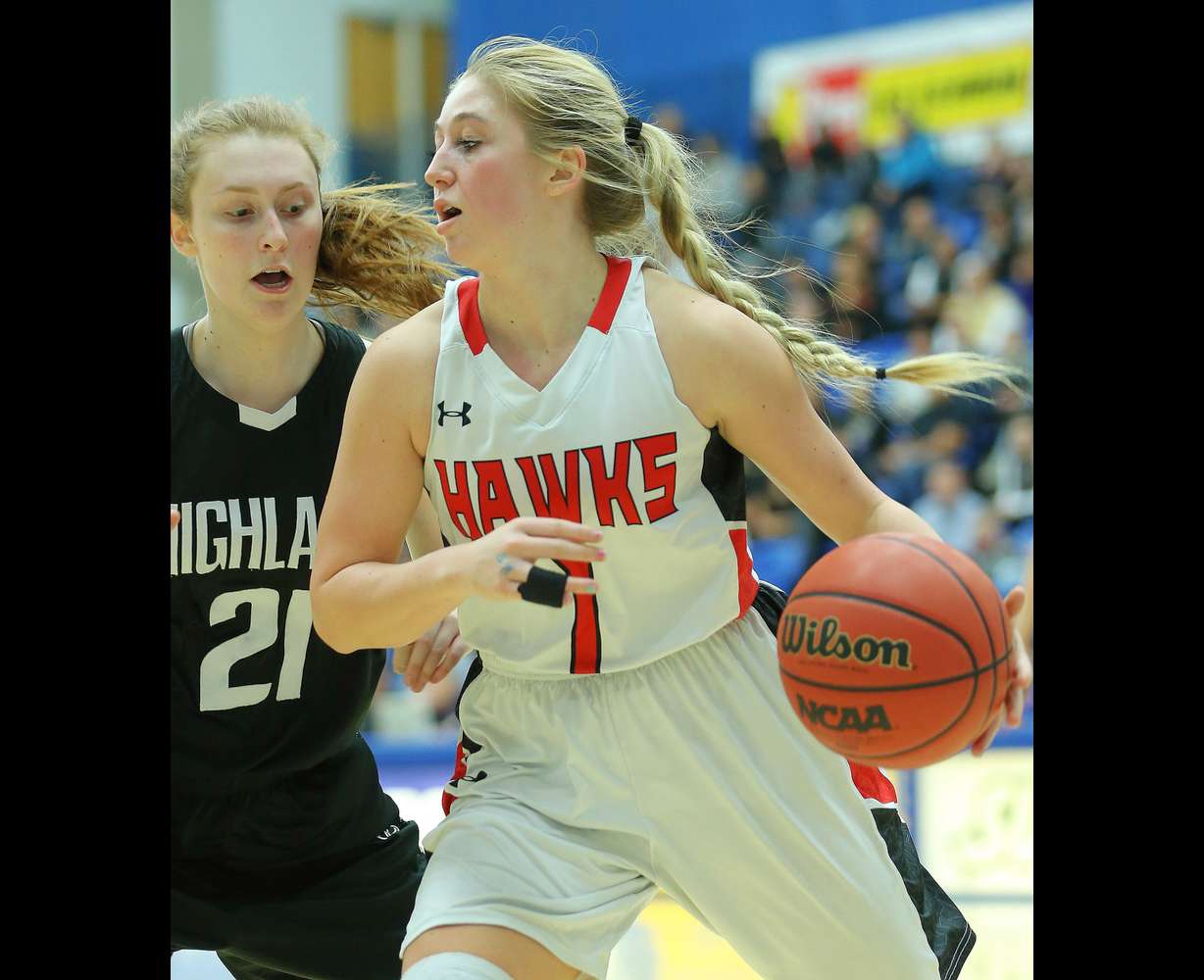 Alta's Mariah Martin works around Highland's Alex Debow as they play in 4A quarterfinal basketball action at Salt Lake Community College in Taylorsville Wednesday, Feb. 24, 2016. (Photo: Scott G Winterton, Deseret News)