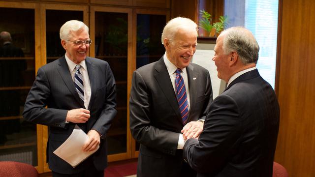 United States Vice President Joe Biden greets members of the Quorum of the Twelve Apostles, Elder D. Todd Christofferson (left) and Elder Ronald A. Rasband (right), in a meeting at the Church's Family History Library in Salt Lake City, Utah, Friday, February 26, 2016. The vice president was presented with his family history. (Photo: Intellectual Reserve, Inc.)