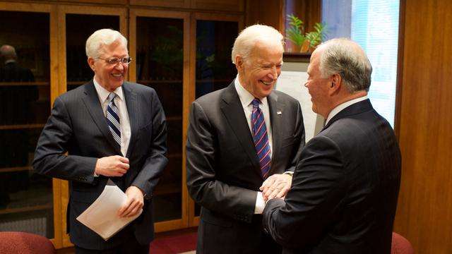 United States Vice President Joe Biden greets members of the Quorum of the Twelve Apostles, Elder D. Todd Christofferson (left) and Elder Ronald A. Rasband (right), in a meeting at the Church's Family History Library in Salt Lake City, Utah, Friday, February 26, 2016. The vice president was presented with his family history. (Photo: Intellectual Reserve, Inc.)