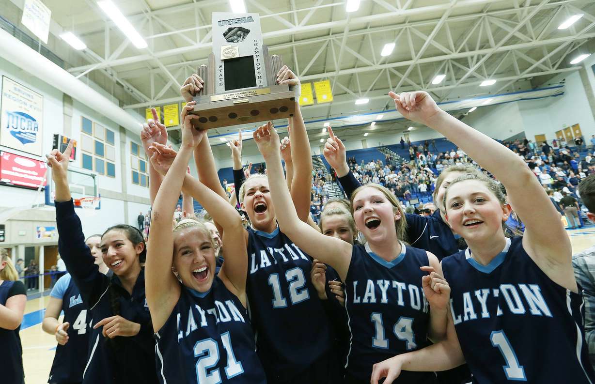 Layton celebrates the win over Sky View in the 5A high school girls basketball championship in Taylorsville, Feb. 27, 2016. Layton won 73-65. (Photo: Jeffrey D. Allred, Deseret News)