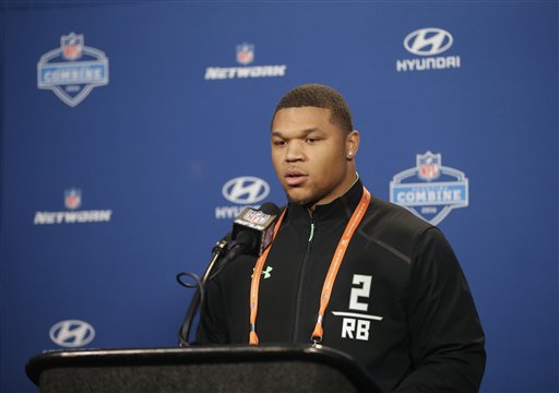 Utah running back Devontae Booker responds to a question during a news conference at the NFL football scouting combine, Feb. 25, 2016, in Indianapolis. (Photo: Darron Cummings, AP)