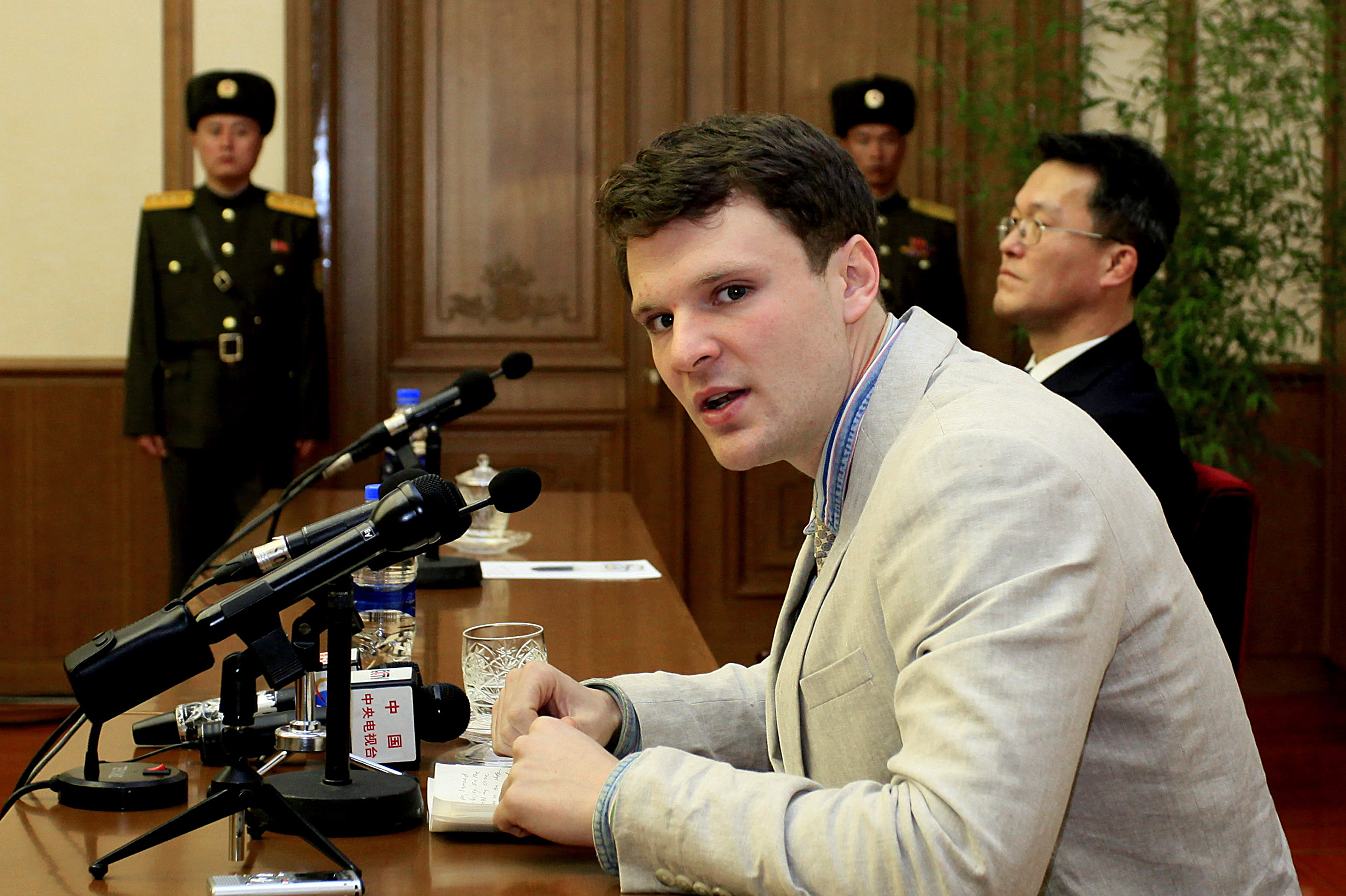 American student Otto Warmbier speaks as Warmbier is presented to reporters Monday, Feb. 29, 2016, in Pyongyang, North Korea. North Korea announced late last month that it had arrested the 21-year-old University of Virginia undergraduate student. (AP Photo/Kim Kwang Hyon)