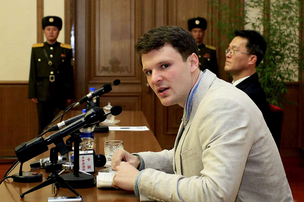 American student Otto Warmbier speaks as Warmbier is presented to reporters Monday, Feb. 29, 2016, in Pyongyang, North Korea. North Korea announced late last month that it had arrested the 21-year-old University of Virginia undergraduate student. (AP Photo/Kim Kwang Hyon)