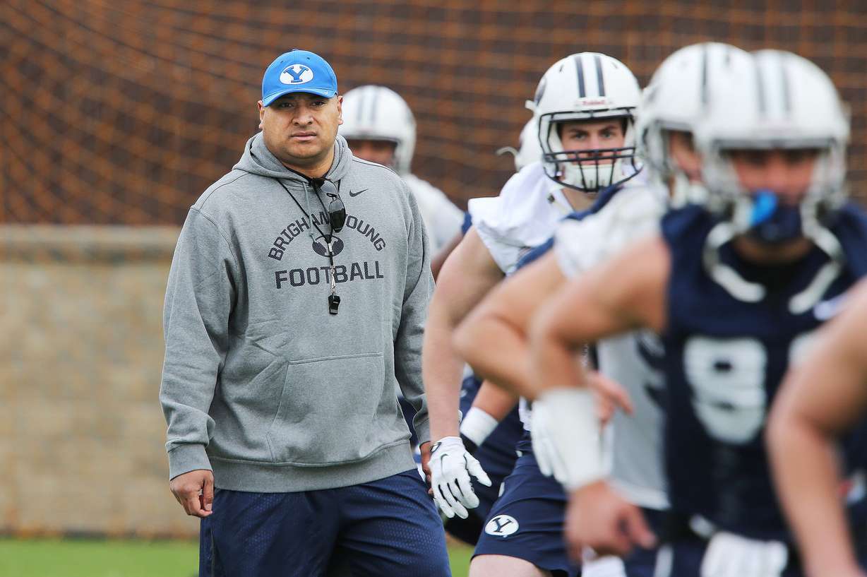 BYU head coach Kalani Sitake watches players during practice in Provo Tuesday, March 1, 2016. (Photo: Jeffrey D. Allred, Deseret News)