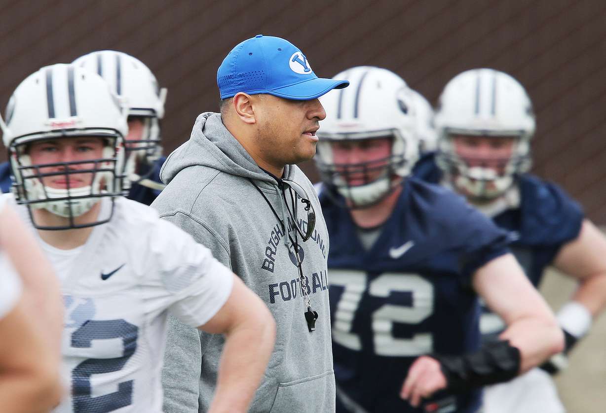 BYU head coach Kalani Sitake watches players during practice in Provo, March 1, 2016. (Photo: Jeffrey D. Allred, Deseret News)