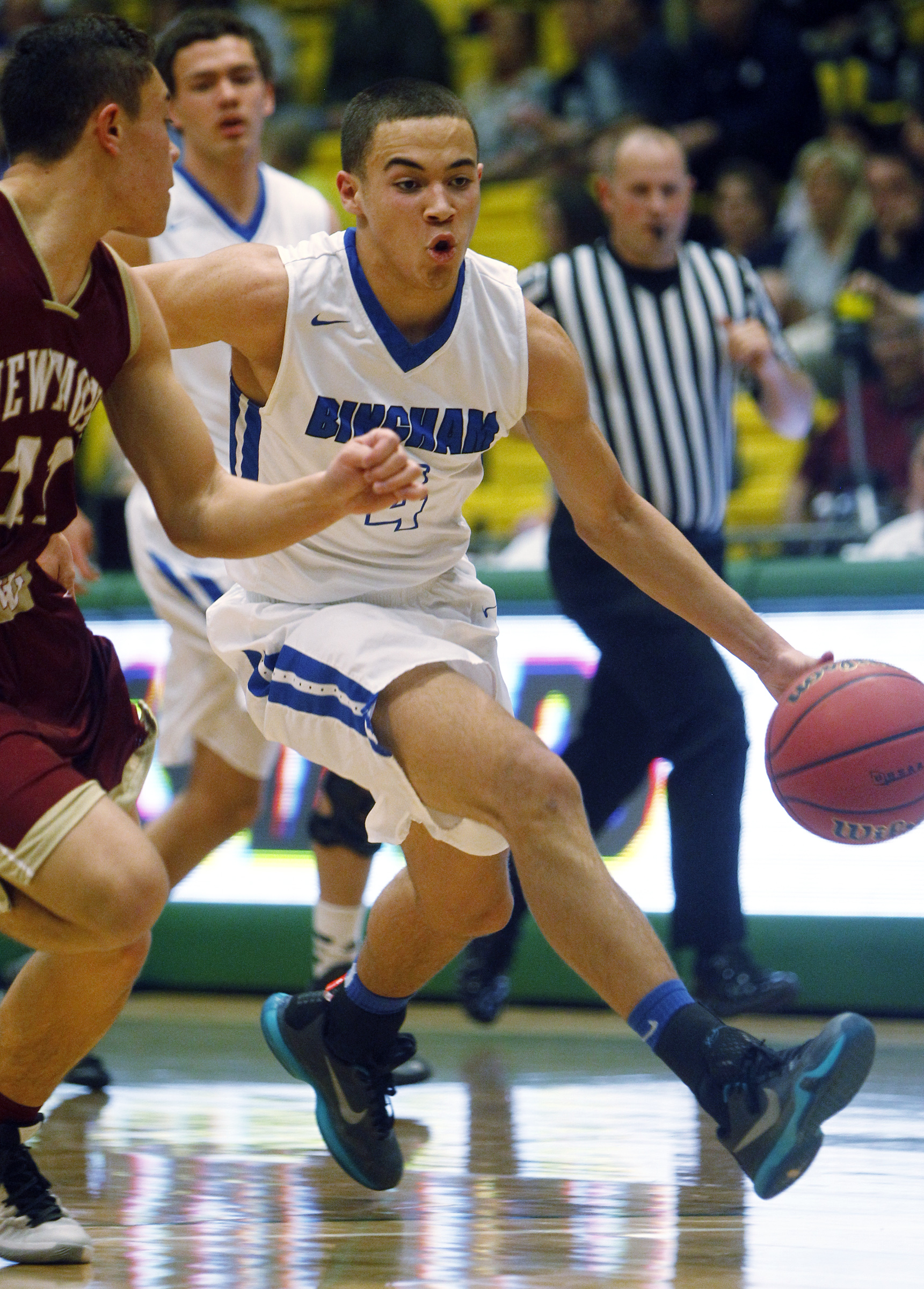 Bingham's Dason Youngblood (4) tries to drive around a defender in the first round of the 5A boys basketball tournament against Viewmont at the UCCU Events Center in Orem, Tuesday, March 1, 2016. (Photo: Chris Samuels, Deseret News)