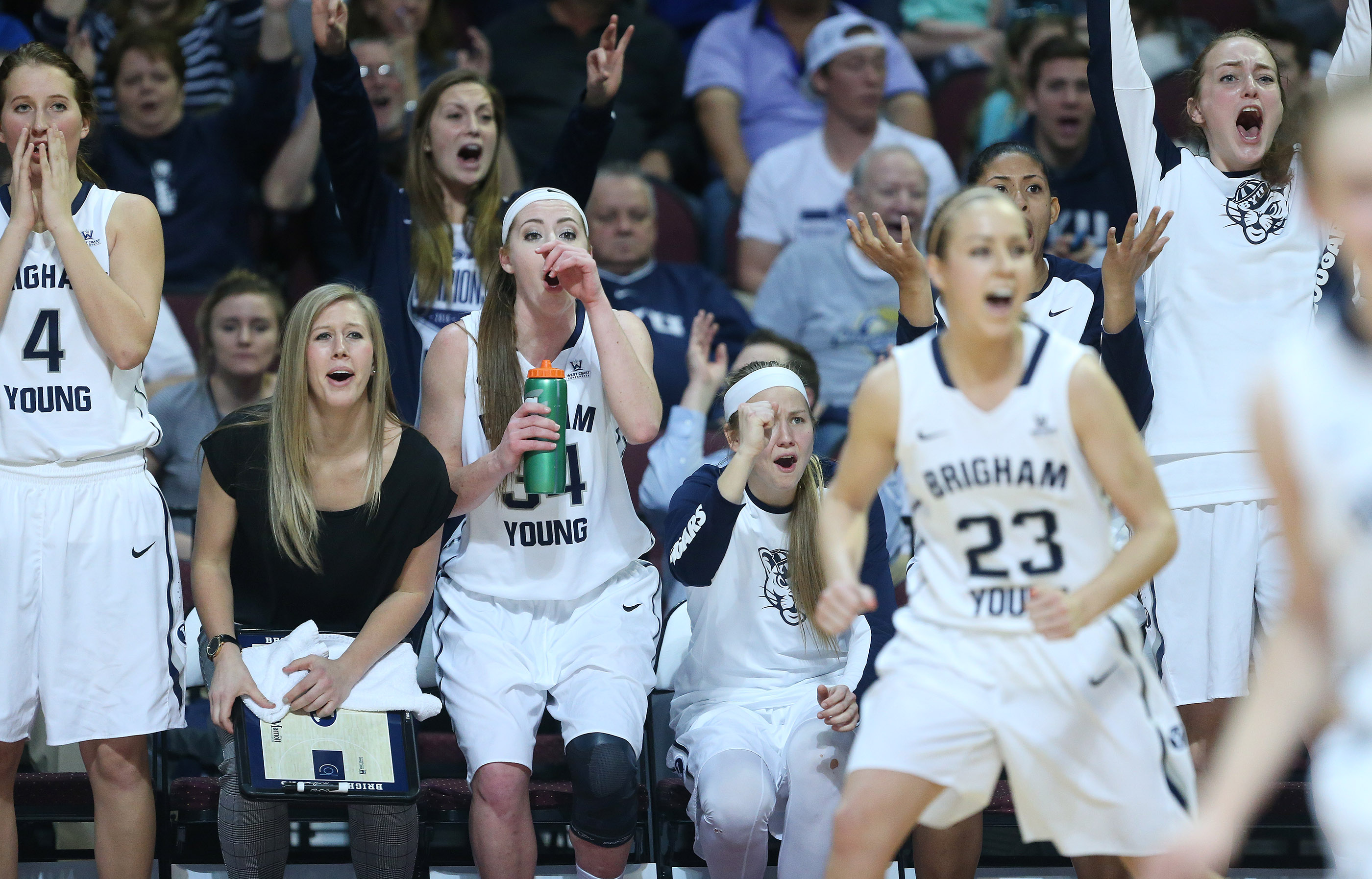 Brigham Young Cougars cheer near the end of the game during the WCC tournament in Las Vegas Monday, March 7, 2016. BYU won 87-67. (Photo: Jeffrey D. Allred, Deseret News)