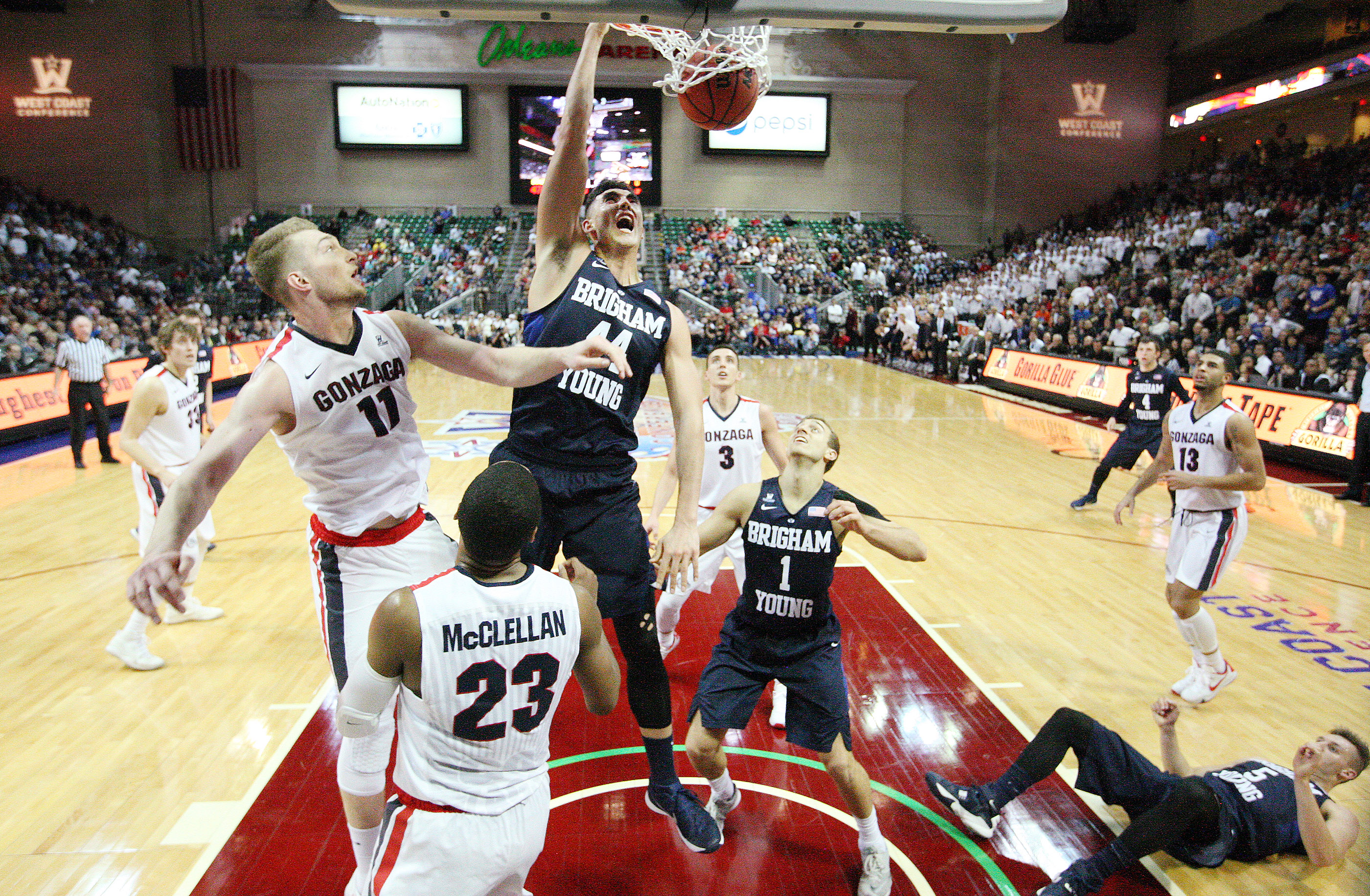 Brigham Young center Corbin Kaufusi (44) dunks over the Gonzaga during the WCC tournament in Las Vegas Monday, March 7, 2016. (Photo: Jeffrey D. Allred, Deseret News)