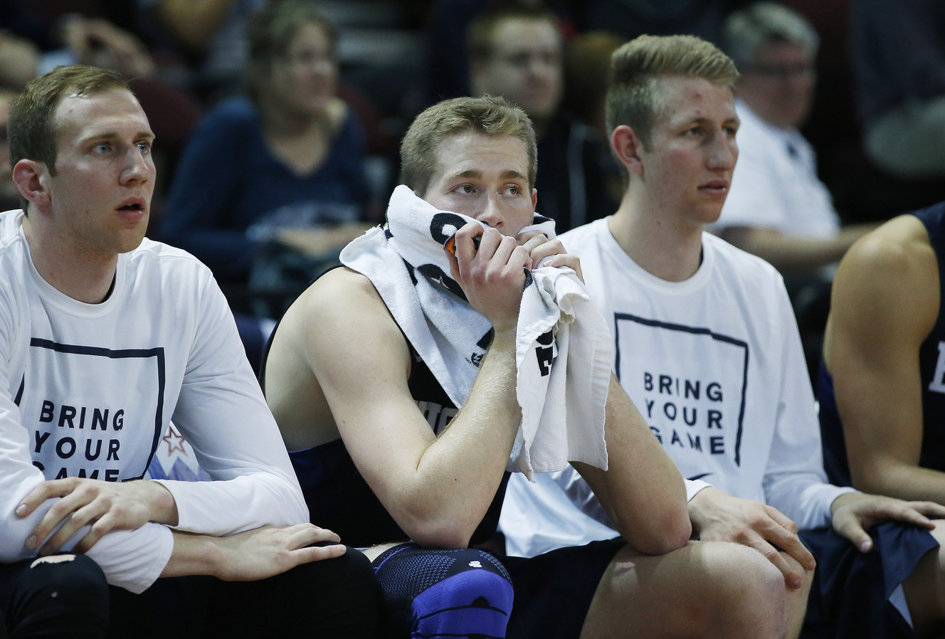 BYU forward Kyle Davis (21) watches the closing minute during the WCC tournament in Las Vegas Monday, March 7, 2016. BYU lost 88-84. (Photo: Jeffrey D. Allred, Deseret News)