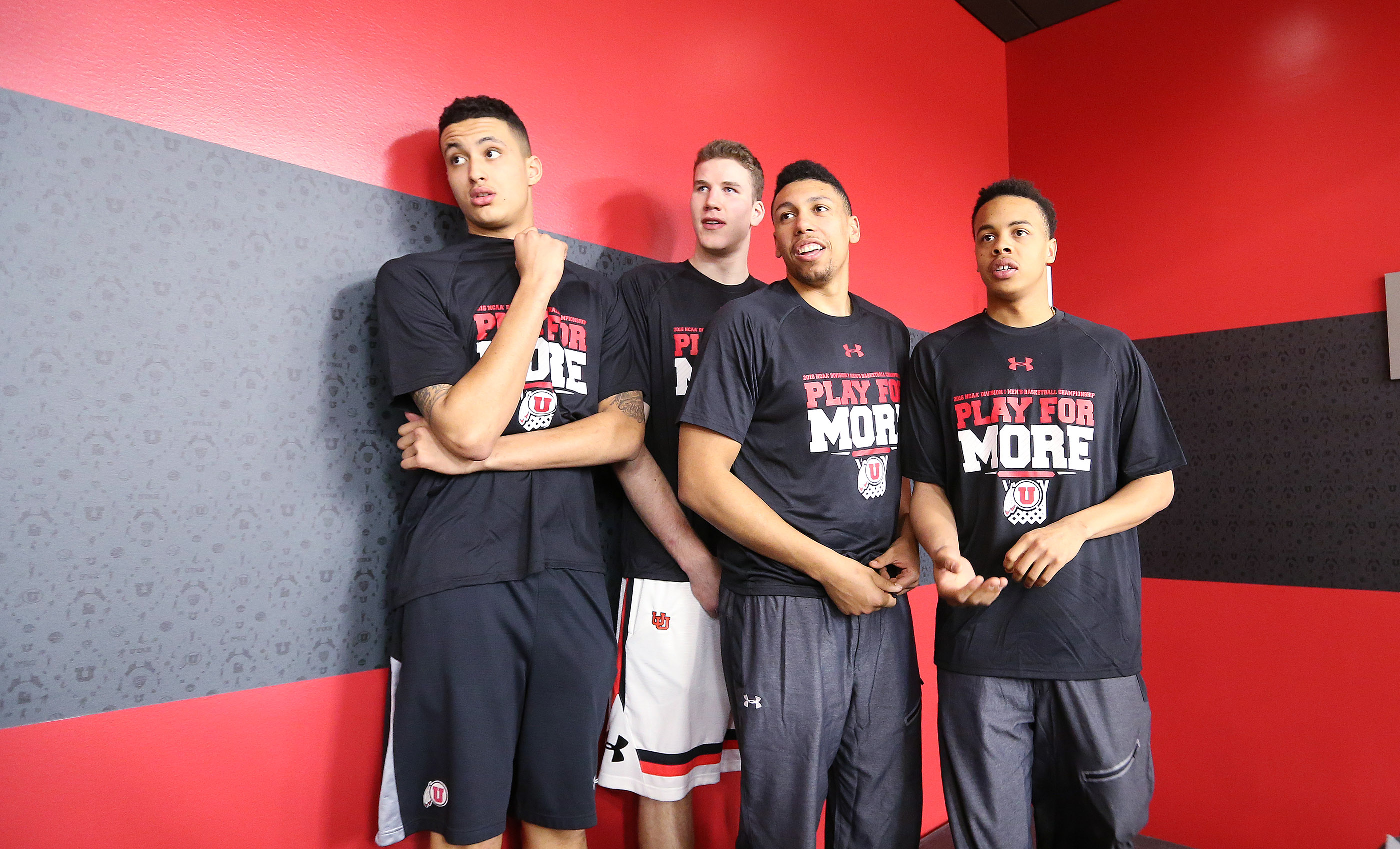 Univeristy of Utah's Kyle Kuzma, Jakob Poeltl, Jordan Loveridge and Lorenzo Bonam waits to speak to media after finding out their NCAA seeding in Salt Lake City. (Photo: Jeffrey D. Allred/Deseret News)