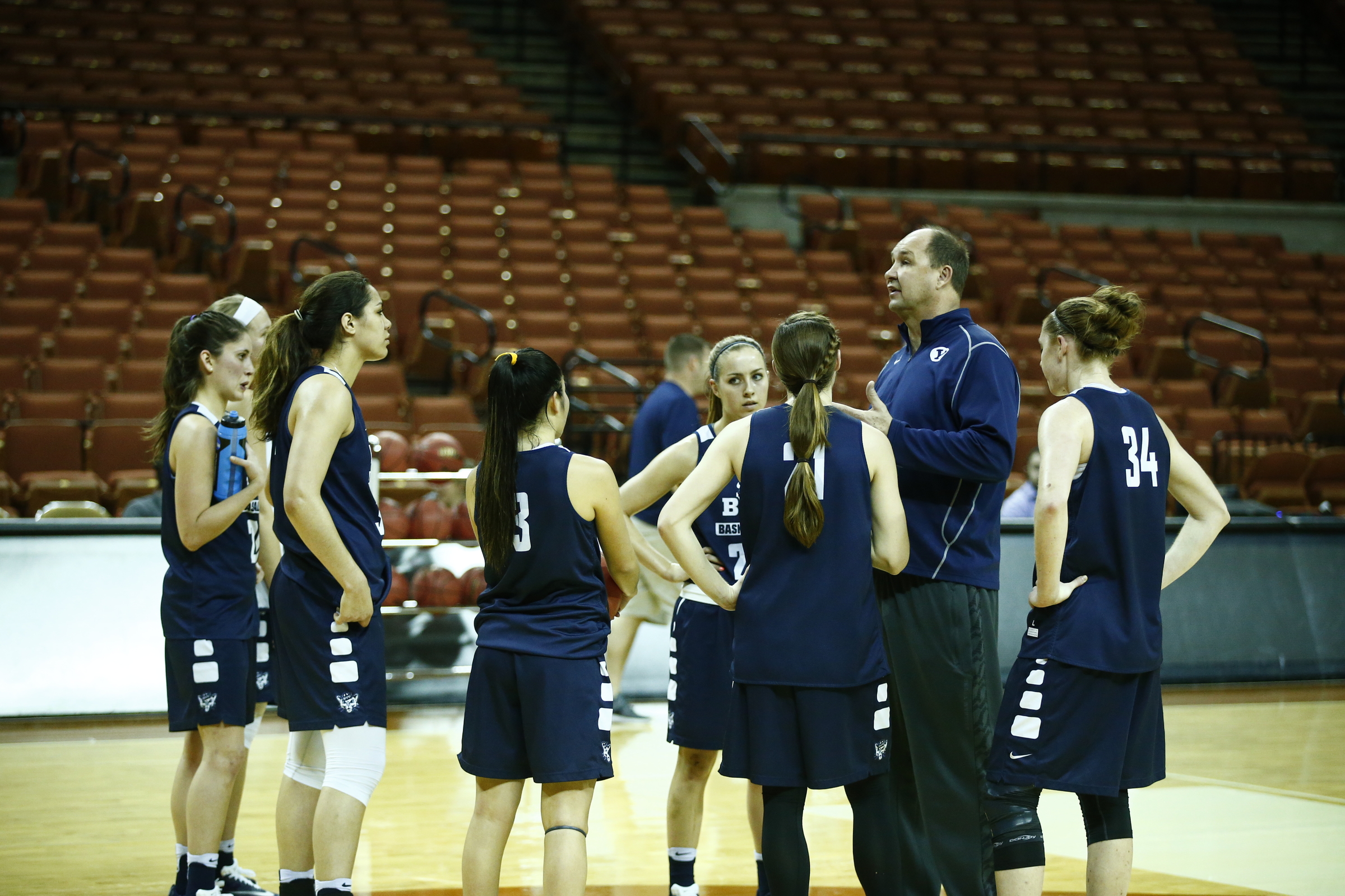 BYU head coach Jeff Judkins addresses his team during practice before an NCAA women's basketball tournament first-round game in Austin, Texas.
